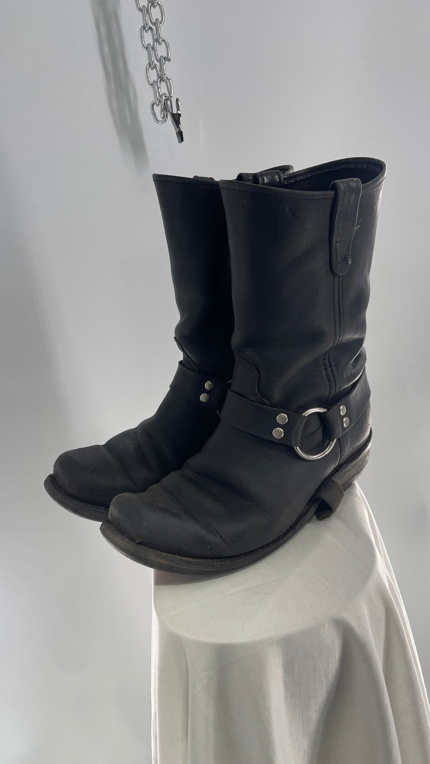 Vintage SIERRA Black Heavy Duty Sloppy Scuffed Distressed Leather Motorcycle Boots (10.5)