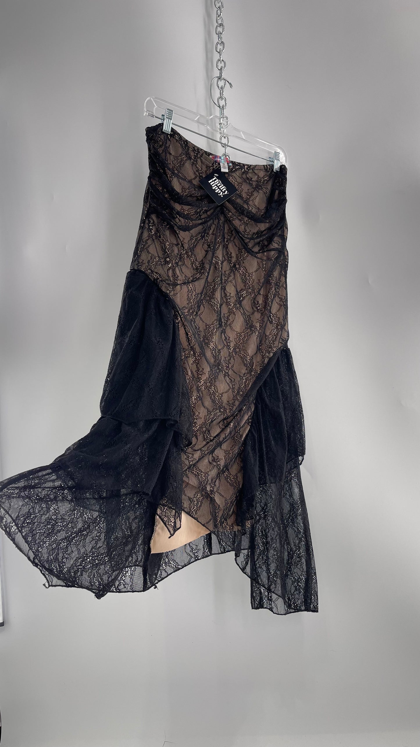 Urban Outfitters Black Lace Midi Skirt with Nude Underlay (Medium)