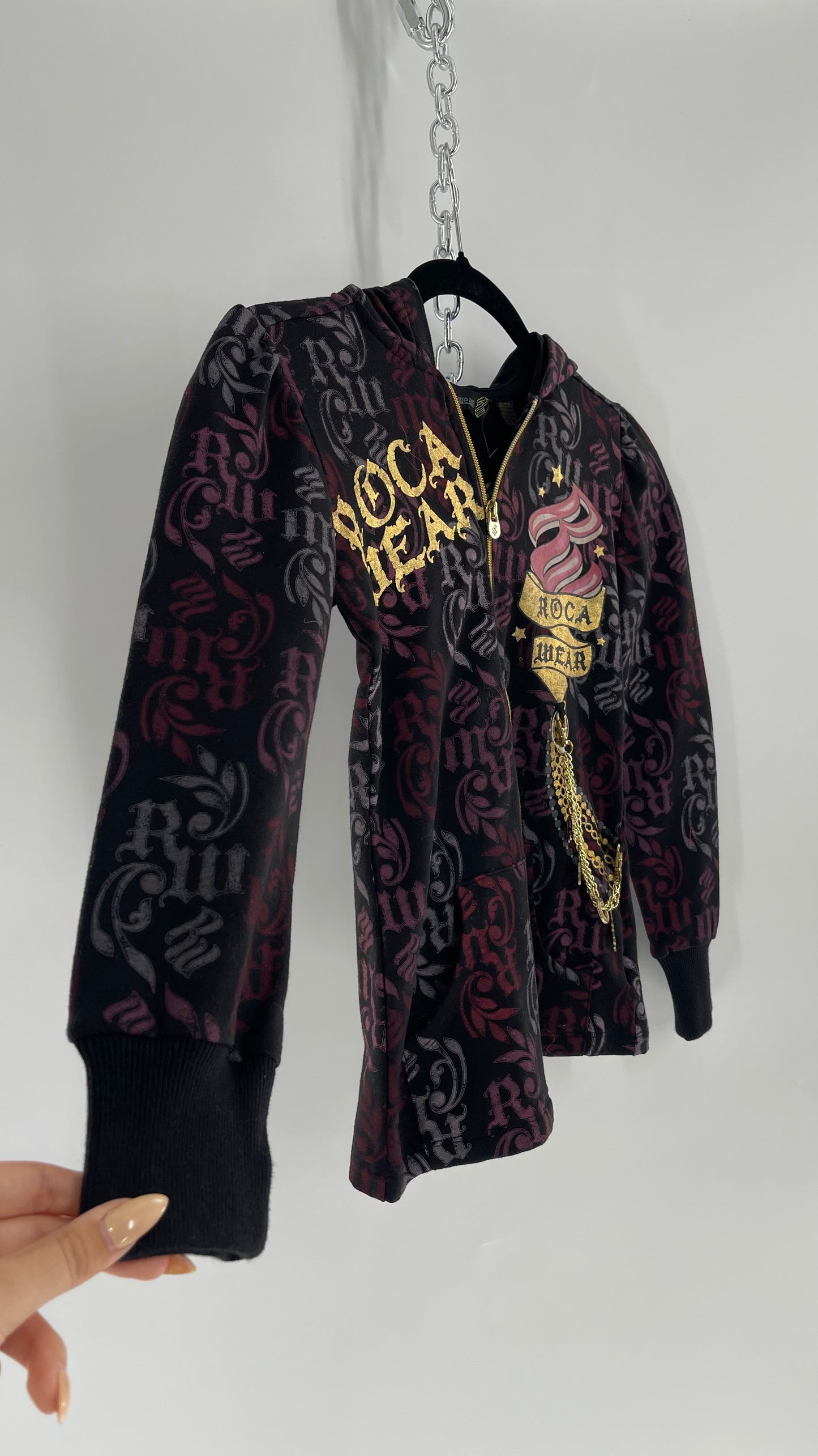 Vintage All Over Rocawear Logo Zip Up Hoodie with Gold Charm Chain and Silky Hood (XS/S)