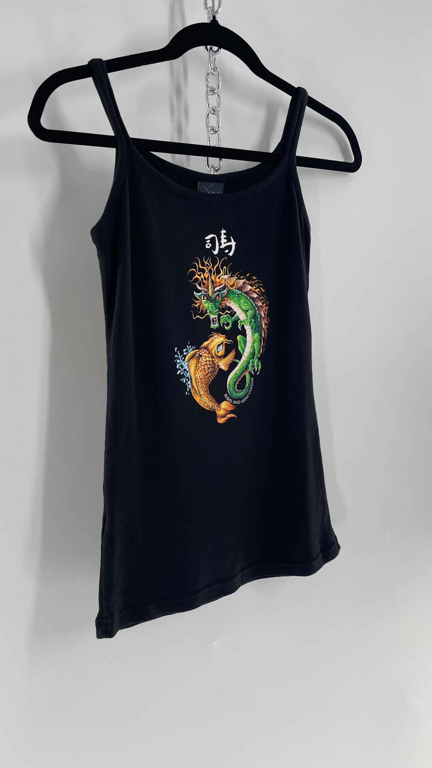 Vintage 90s The Hook Up Black Tank with Dragon and Koi Graphic (Medium)