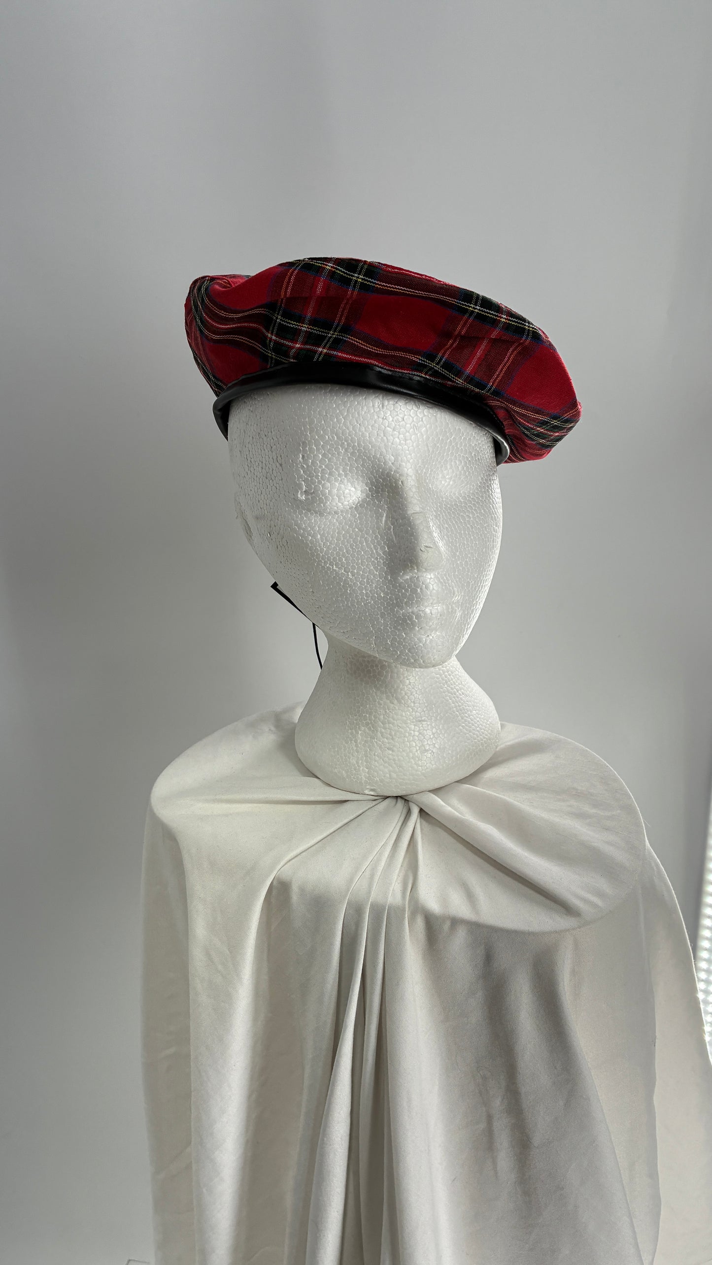 Red Plaid Beret with Vegan Leather Strap with Silver Metal Hardware