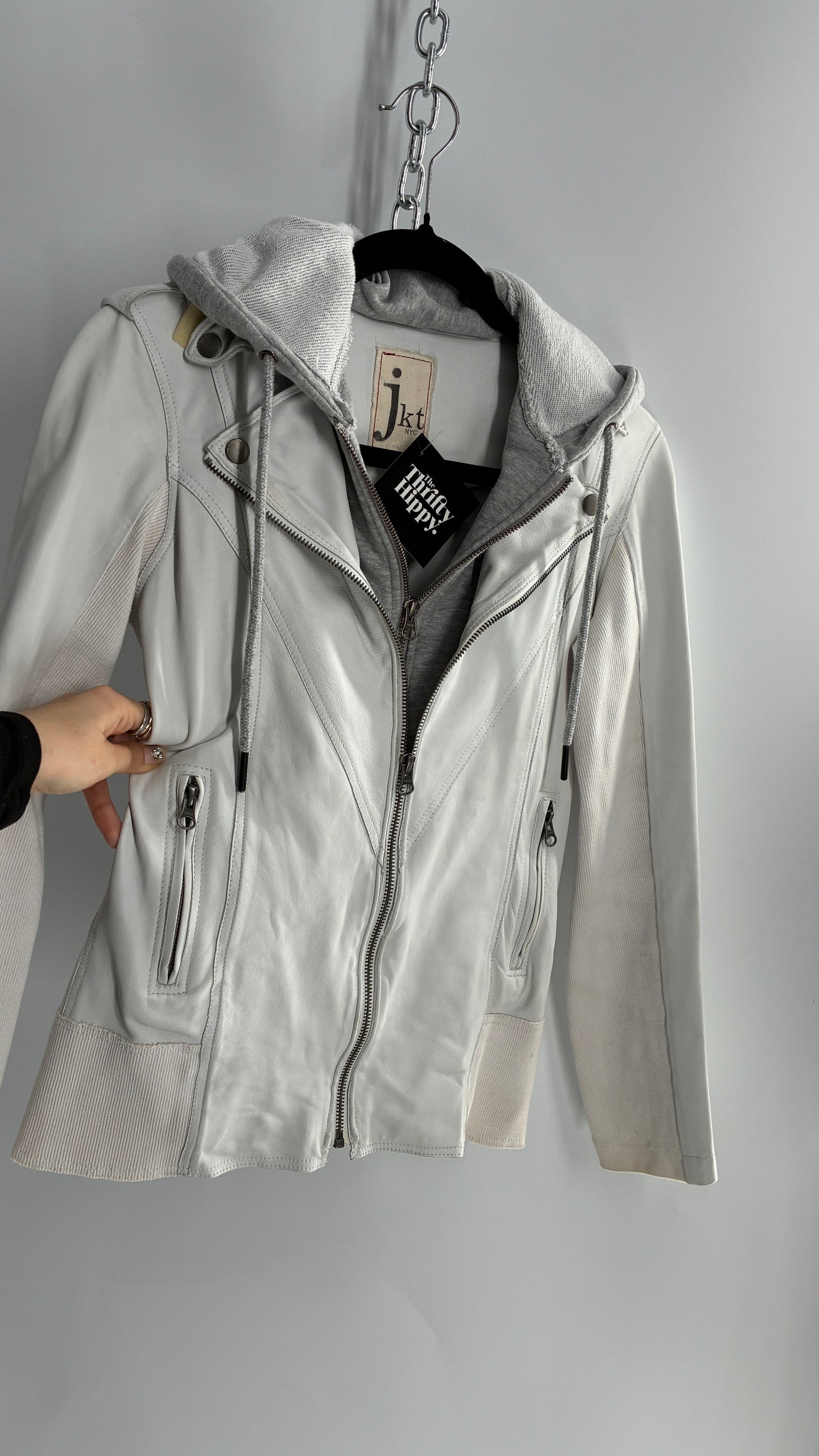 Jakett White Molly Burnished White Genuine Leather Double Layer Moto Jacket with Removable Grey Hoodie Insert (XS)