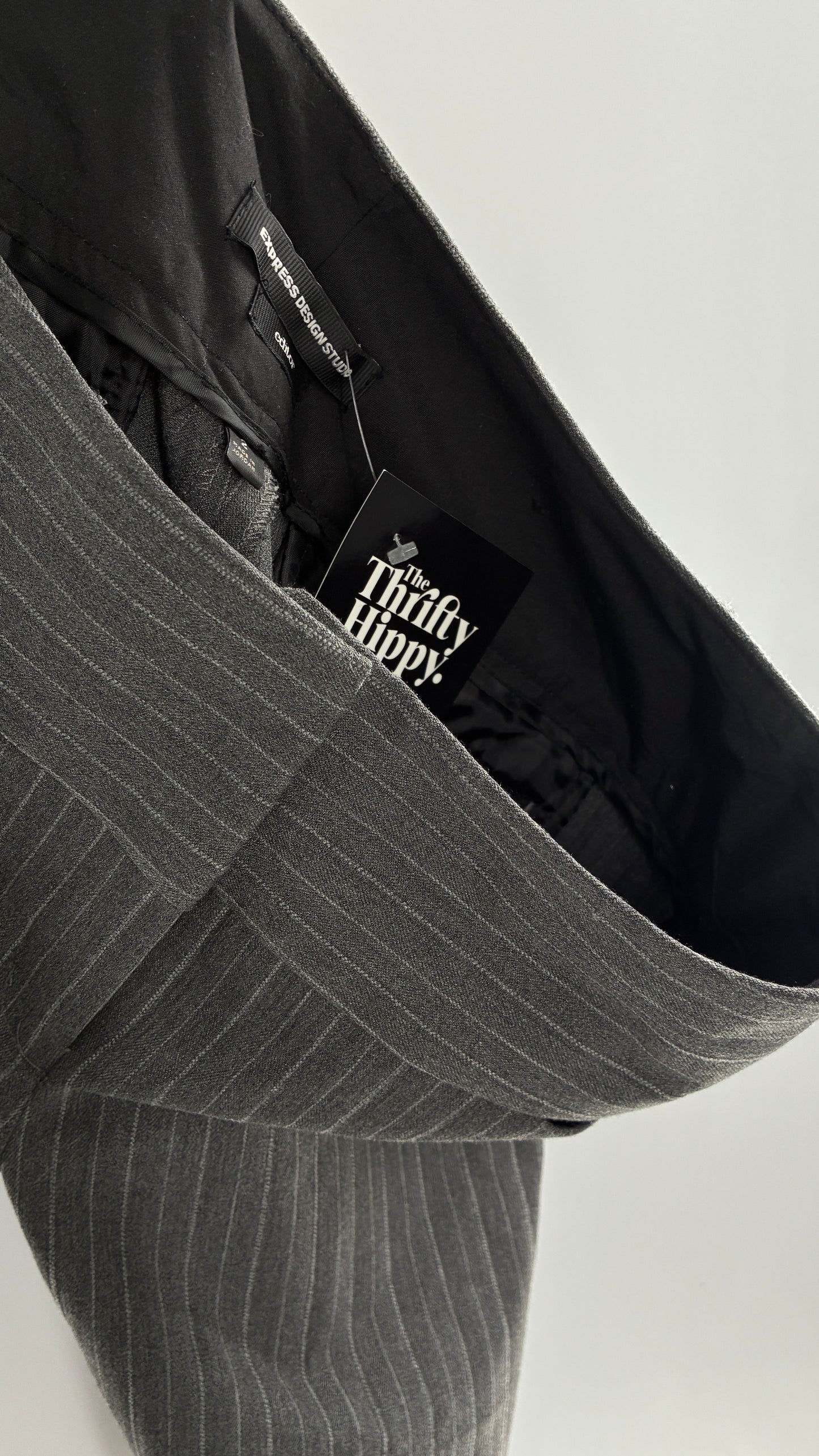Vintage 1990s EXPRESS Editor Dark Grey Pinstripe Ultra Low Rise Thick Hip Band Kick Flares (2)
