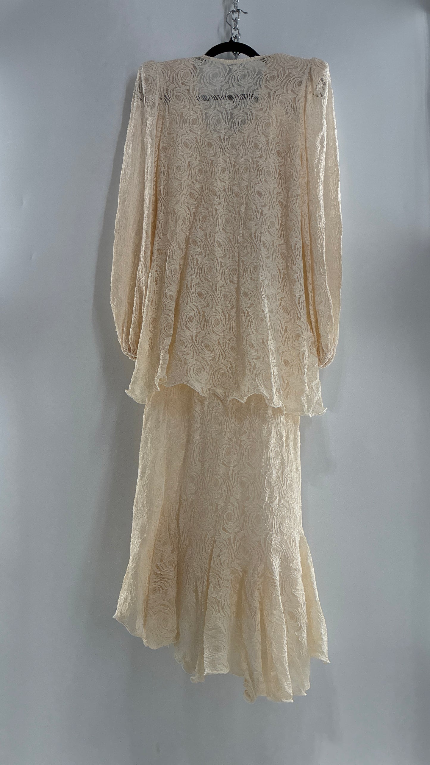 Vintage SARA MIQUE New York Off White Maxi Dress and Balloon Sleeve Cardigan Set (M)