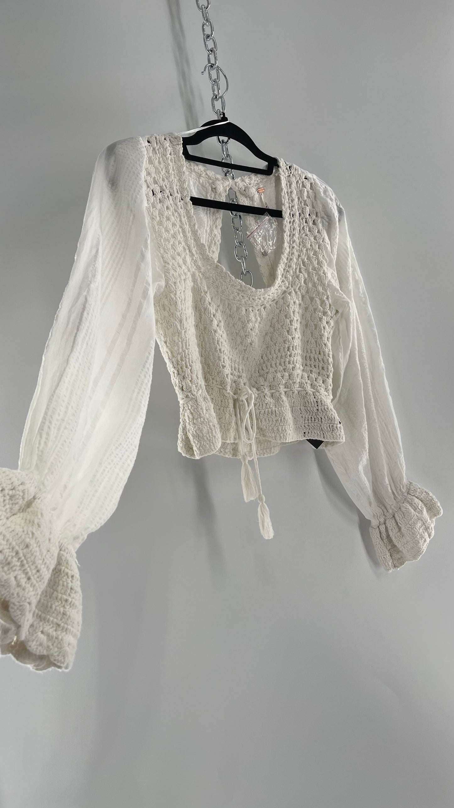 Free People White Megan Blouse with Crochet Knit Bodice and Open Back (XS)