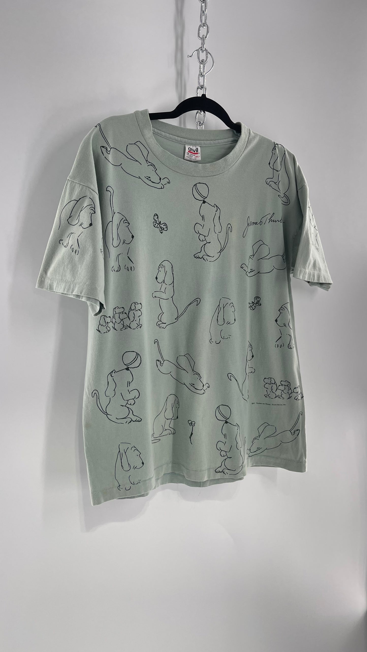 Vintage James Thurber Light Sage Nostalgic Puppy Doodle Comic Sketch T Shirt (XL)