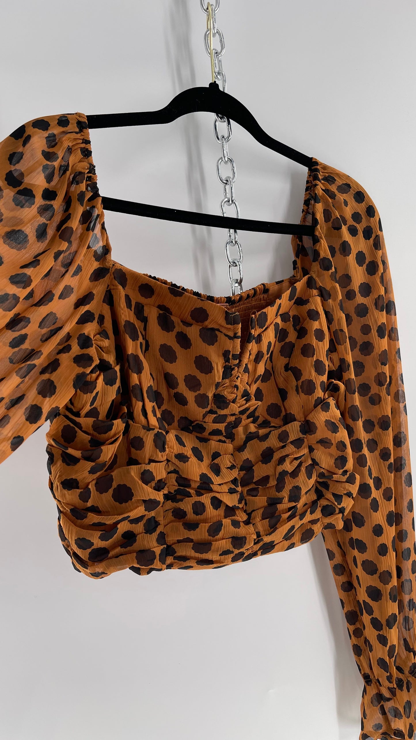 Free People Brown Black Animal Print Blouse with Ruched Bodice and Tags Attached (Large)