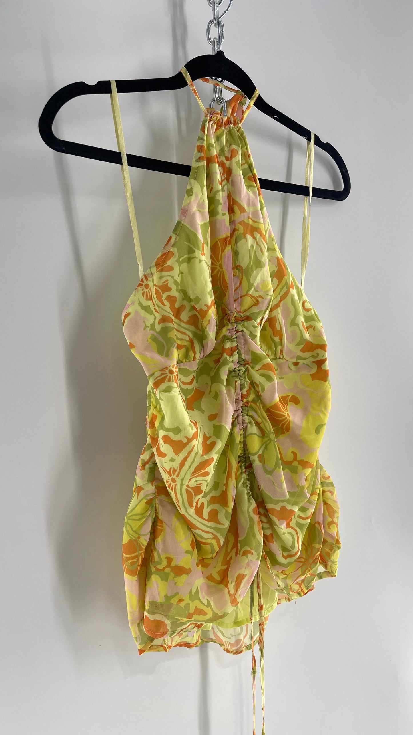 Free People Lime Green and Yellow Ruched Blouse with Cut Out Bust, Adjustable Scrunched Torso and Tie Neck Tank (XS)