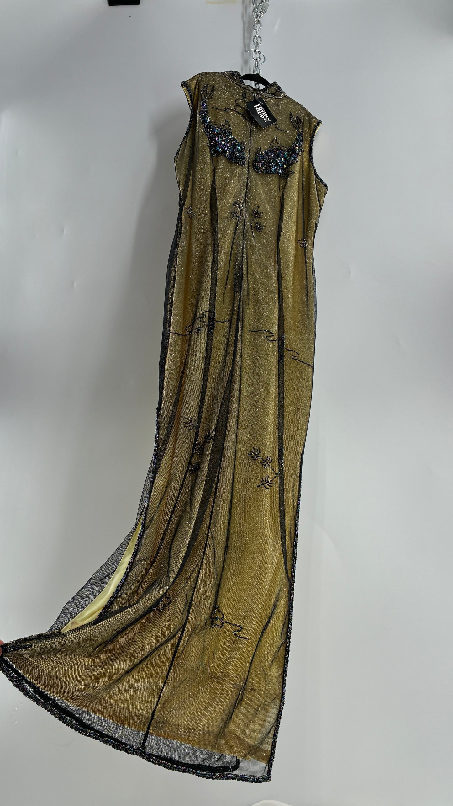 Vintage 1990s One of a Kind Handmade, Green Gown with Beaded Koi Fish, Metallic Tulle Overlay, and Symmetric Back (Medium)