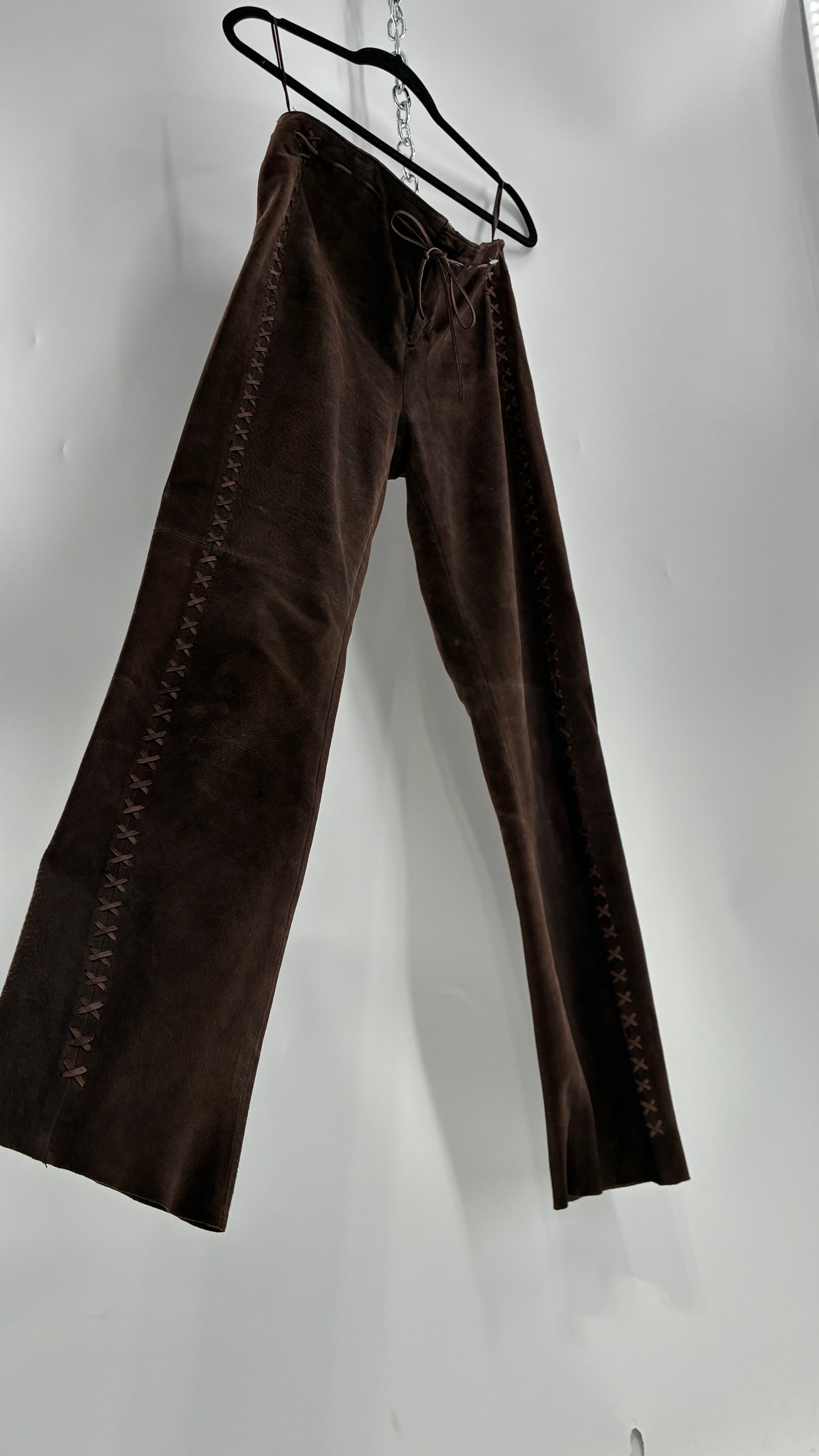 Vintage FOR JOSEPH Low Rise, Chocolate Brown Suede Pants with Leather Stitch Sides and Bow Closure (28)