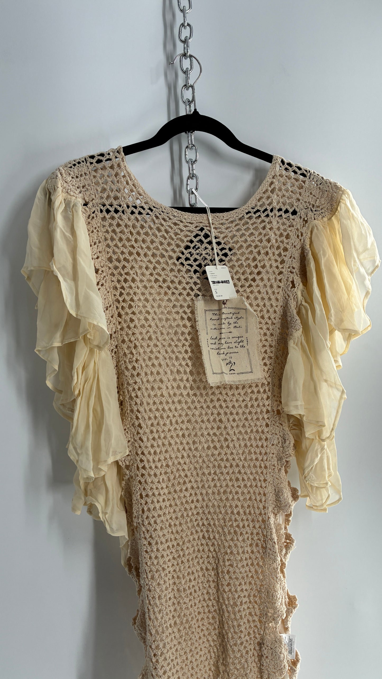 Free People Crochet Scalloped Open Side Dress with Ruffled Sleeve Details (S)