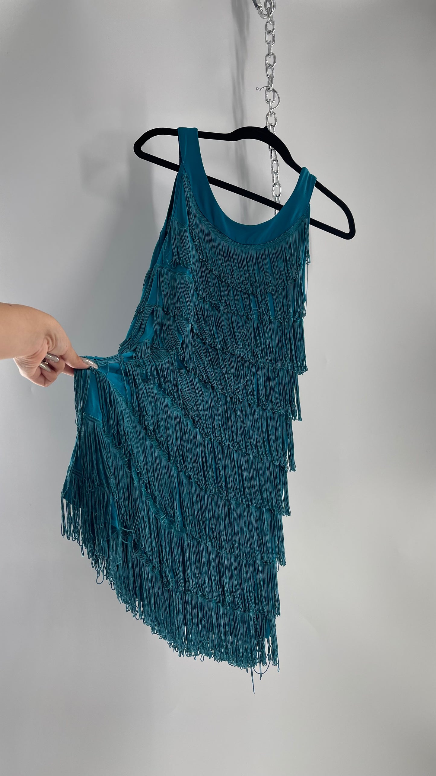 Vintage Teal Fringe Cowgirl Party Tunic Mini Dress (Small)