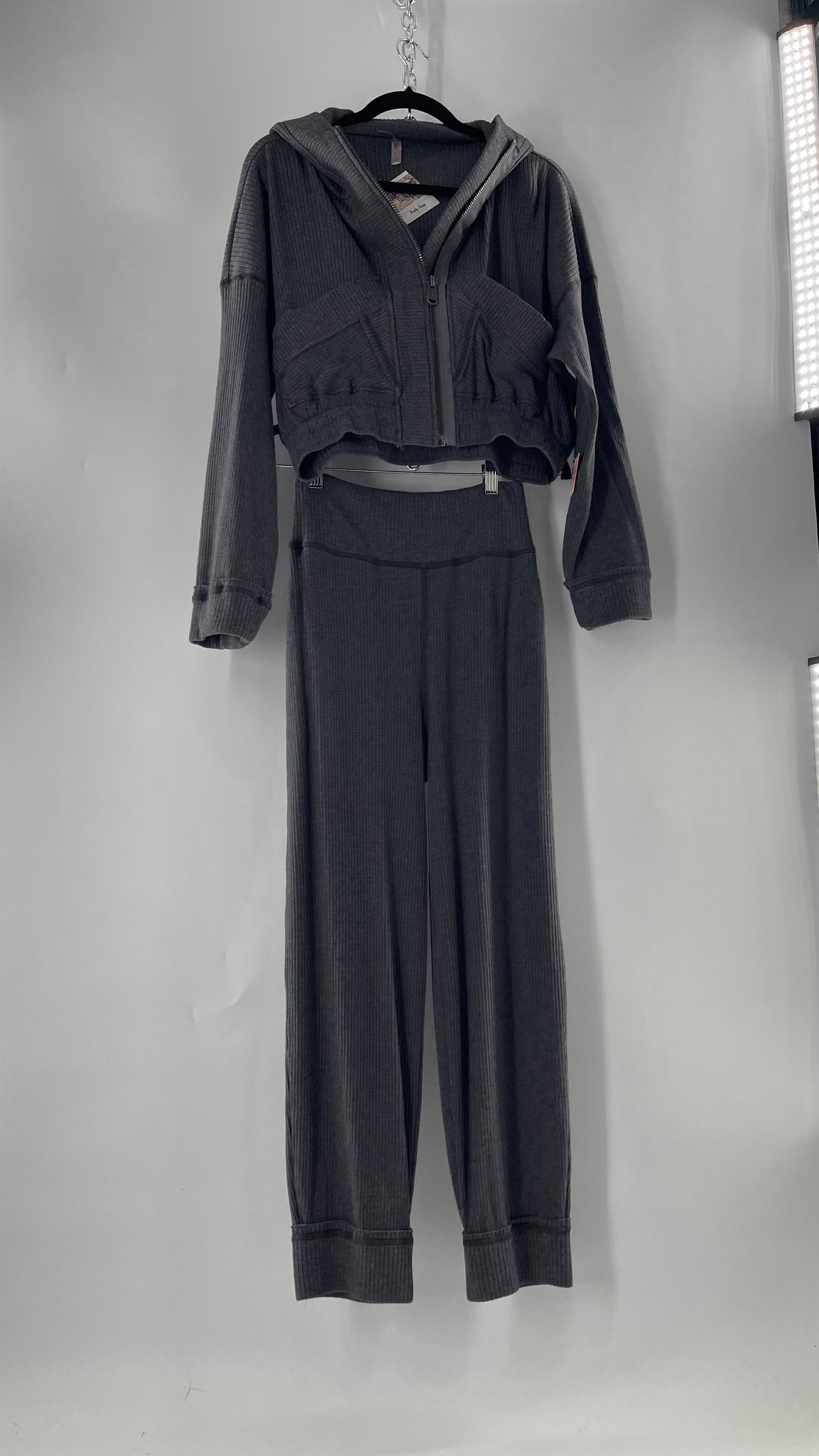 Free People Charcoal Slate Gray 2 Piece Set with Cropped Hoodie and Jogger Sweats with Tags Attached (XS)