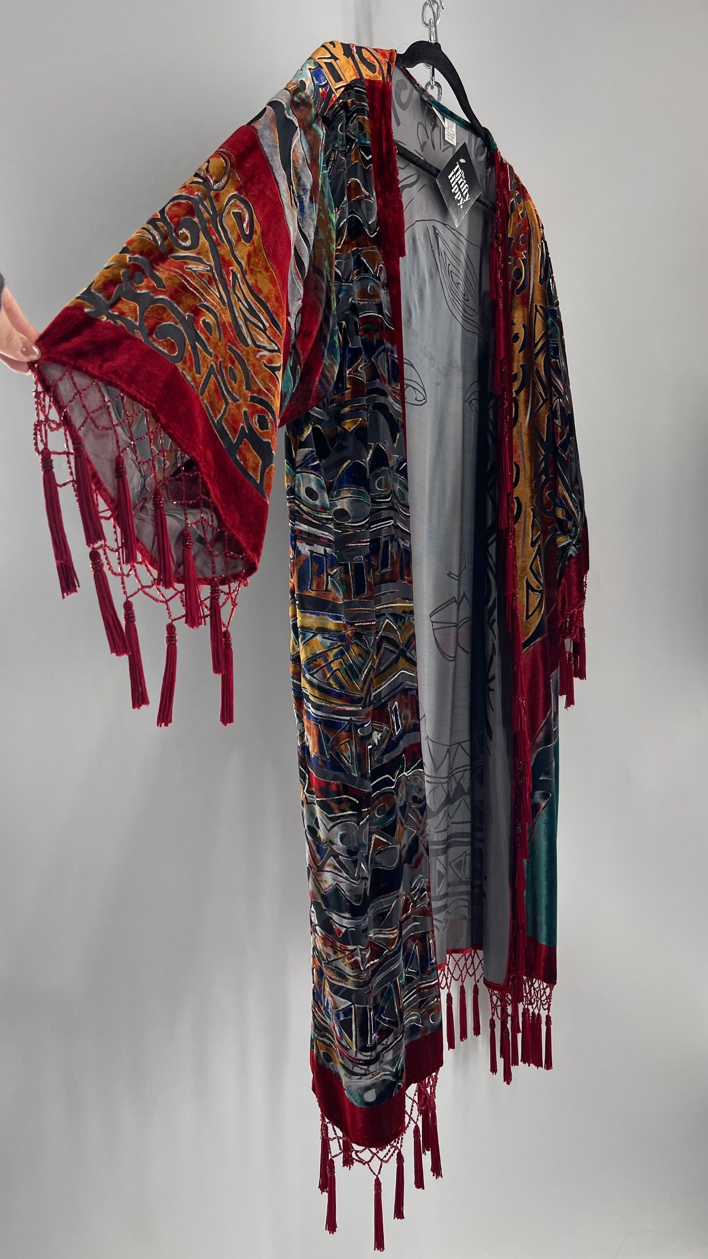 Vintage Burnout Buddhist Motif Velvet/Velour Beaded Fringe Duster Coat/Kimono with Tassel Sleeves and Hems (M/L)