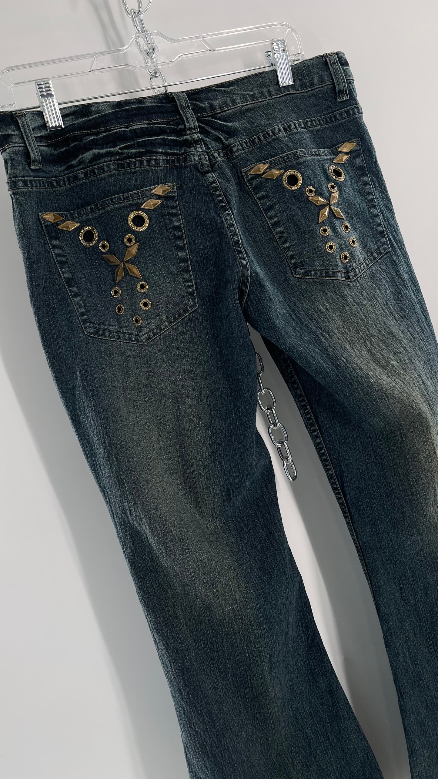 Vintage Blue Pointe Kickflare Medium Wash Jeans with Gold Rhinestone Metal Jewels (13)
