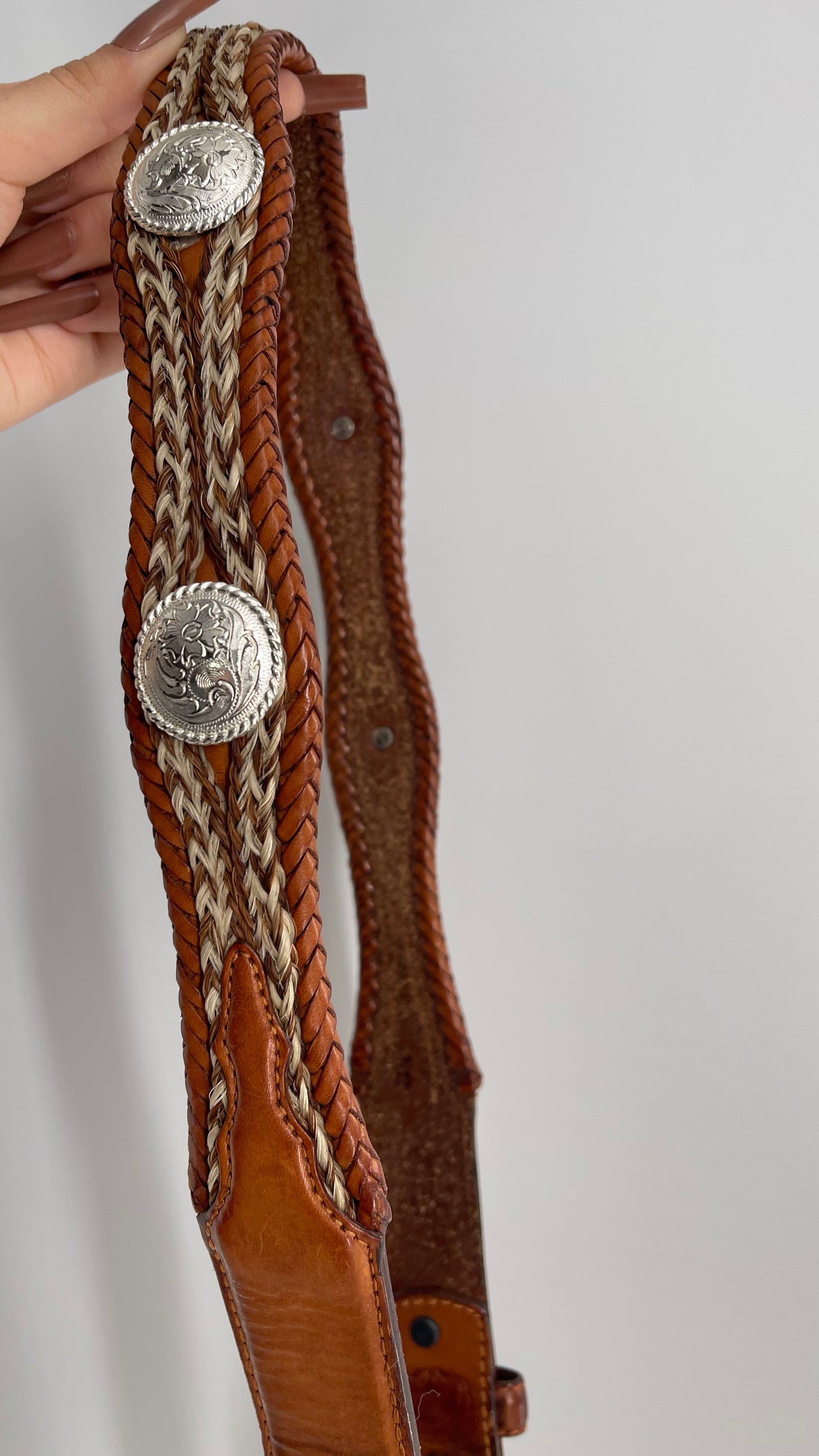 Vintage Tony Lama Genuine Leather Horse Hair Western Braided Belt With Silver Embellishments (34)