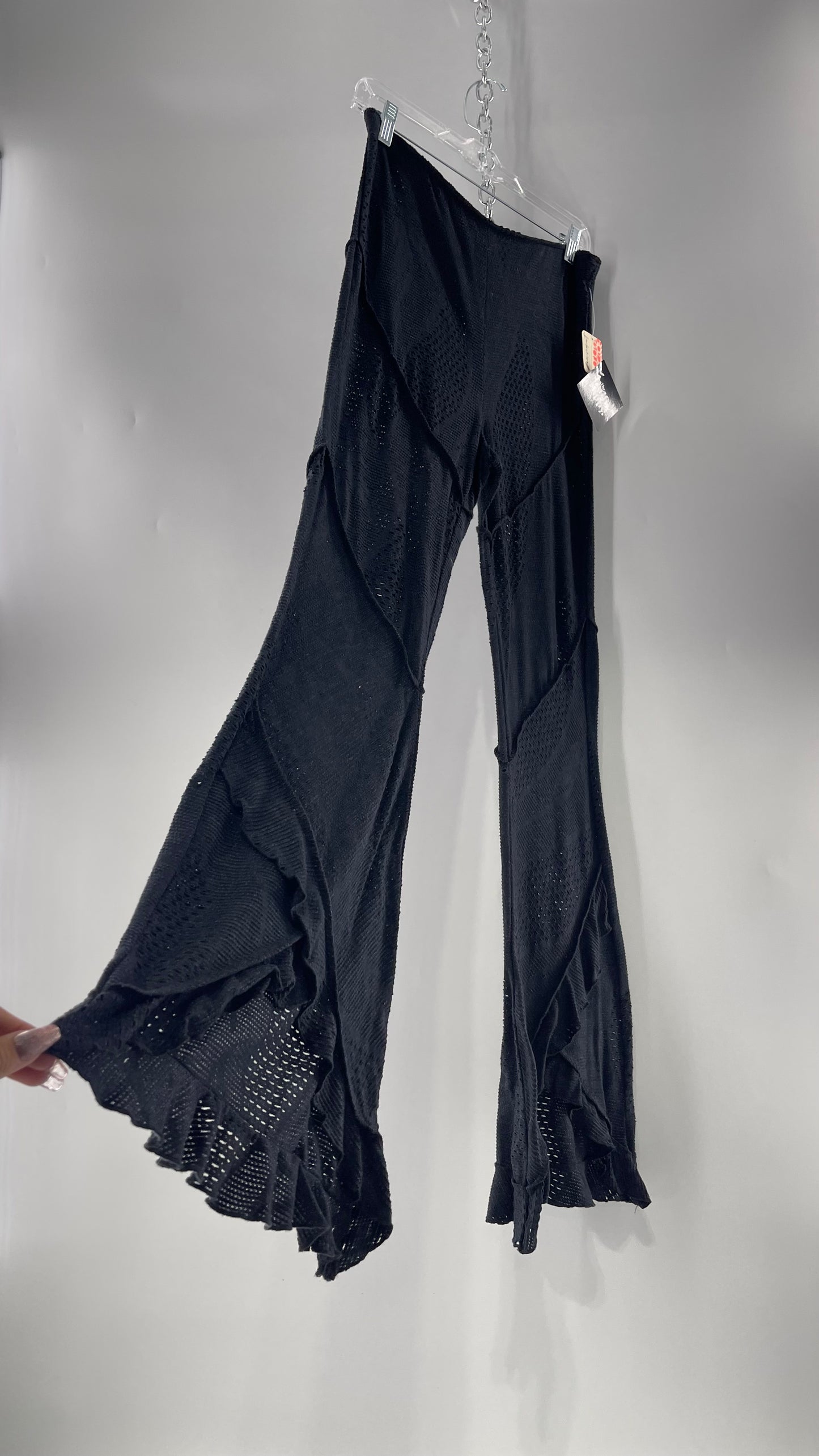 Free People Black Midnight Grey Mixed Pattern Kickflares with High Low Hem, Exposed Seams and Distressing Tags Attached (Medium)