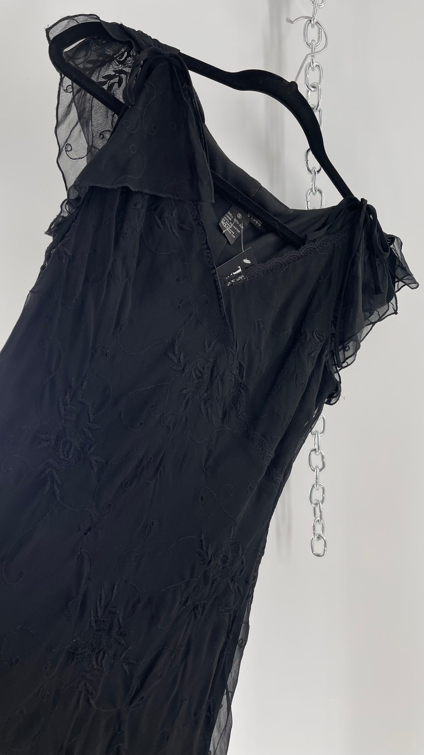 Vintage Jonathan Martin 100% Silk Black Embroidered MIDI Dress with Tie Shoulder Detail (10)