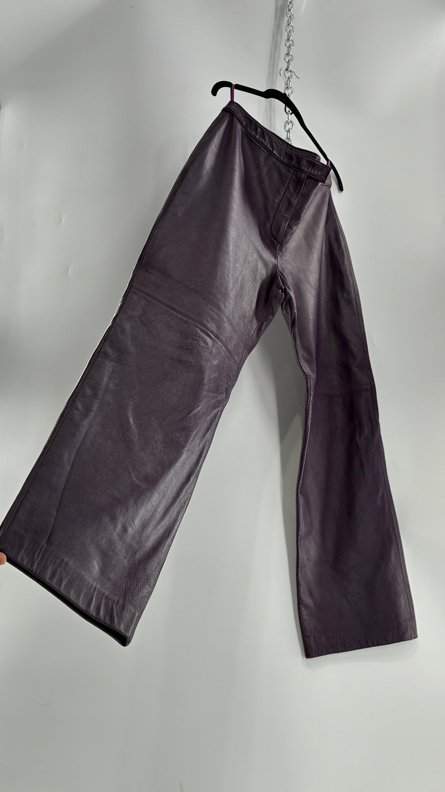 Vintage SHIN CHOI Genuine Italian Leather Purple Side Closure Low Rise Pants (12)