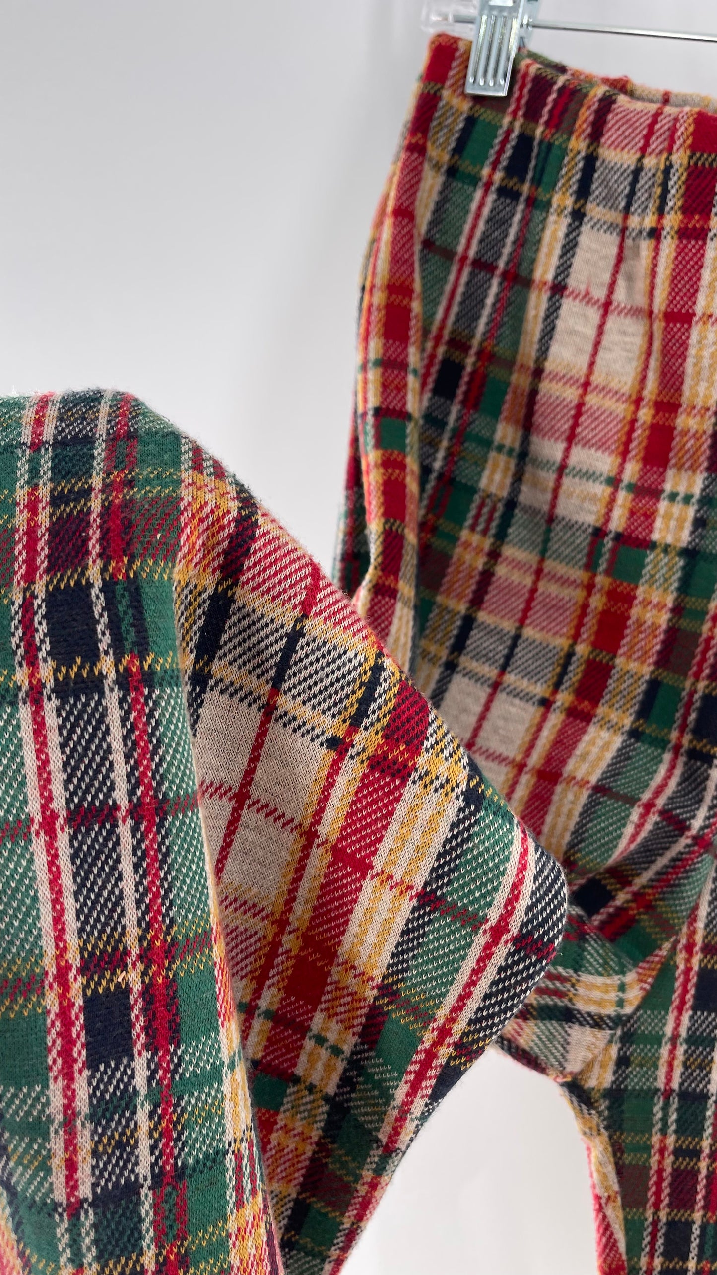 Free People Red\Green Plaid Knit Straight Leg Pants with Elastic Waist ( L)
