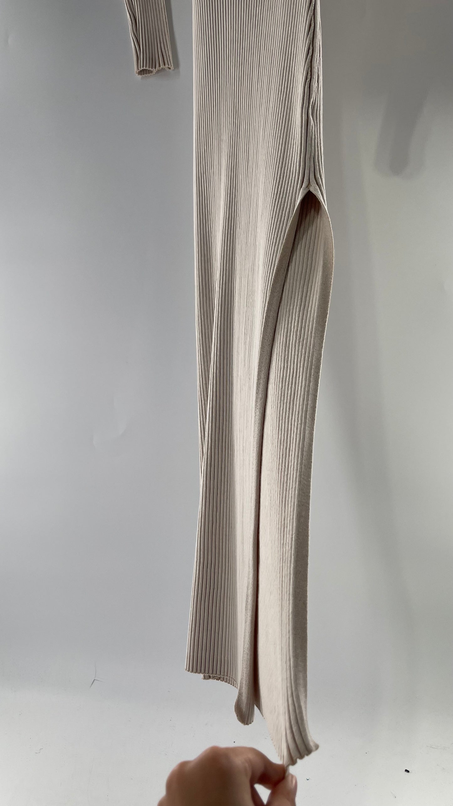 Anthropologie Beige Knit BodyCon Full Length Dress with Thick Off the Shoulder Band (Large)
