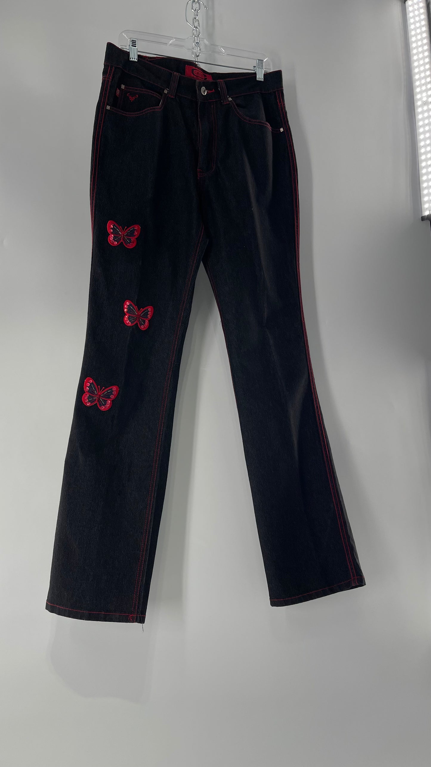 Rare Vintage Black Crest Jeans with Red Contrast Stitching and Butterfly Embroidery on Thigh and Back Pockets (14)