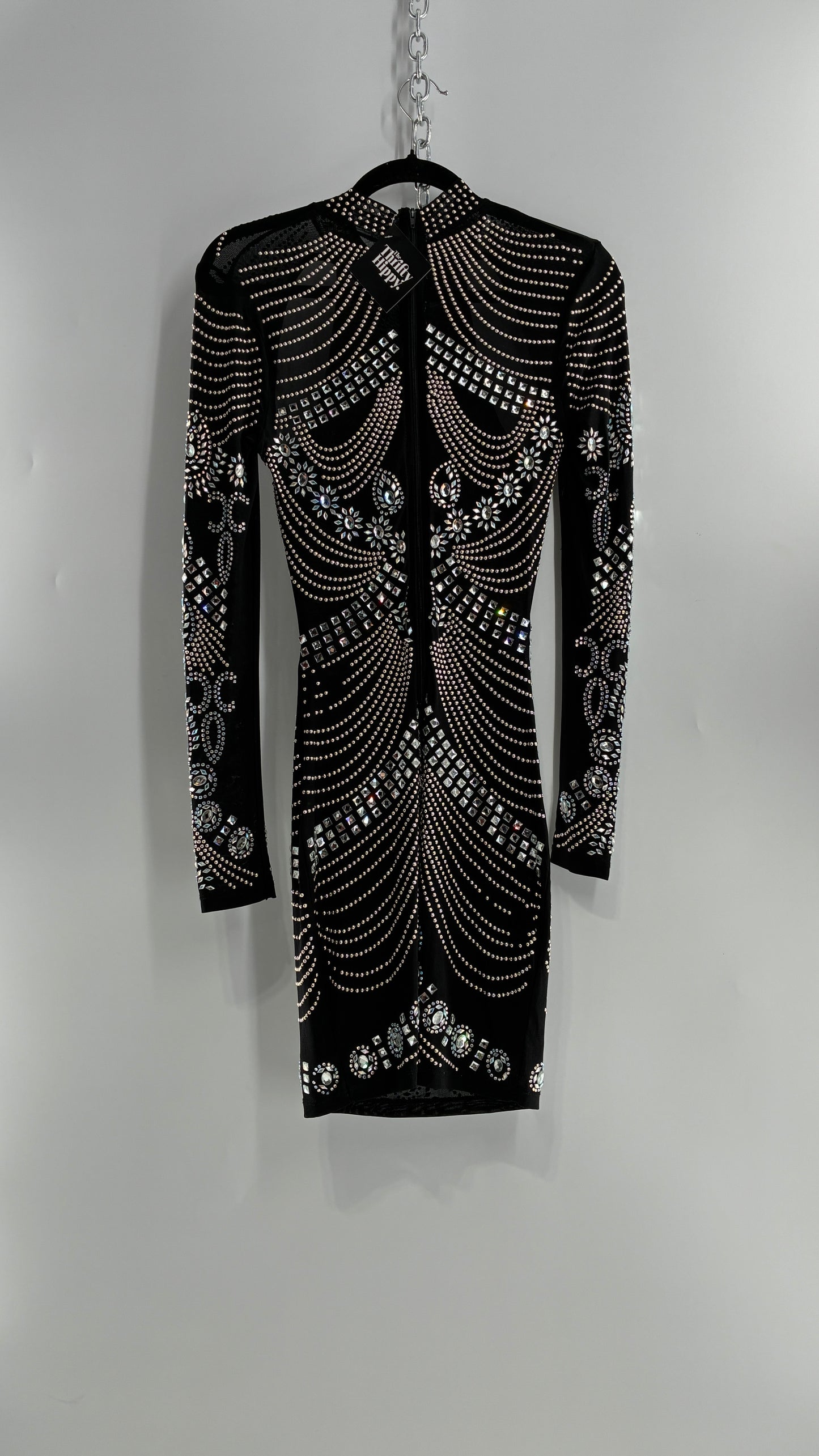 Black Bedazzled Mini Dress with Cut Out Details Covered in Gems (Small)
