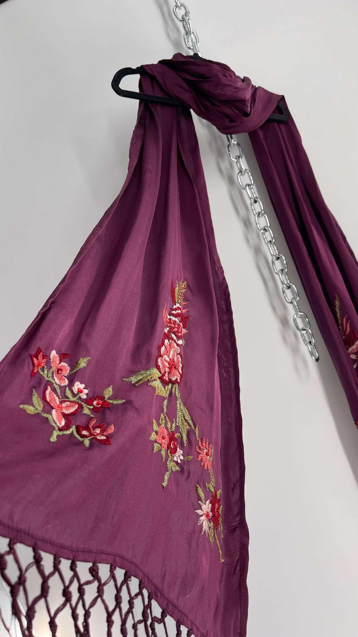April Cornell 100% Silk Purple Embroidered Florals Fringe Scarf