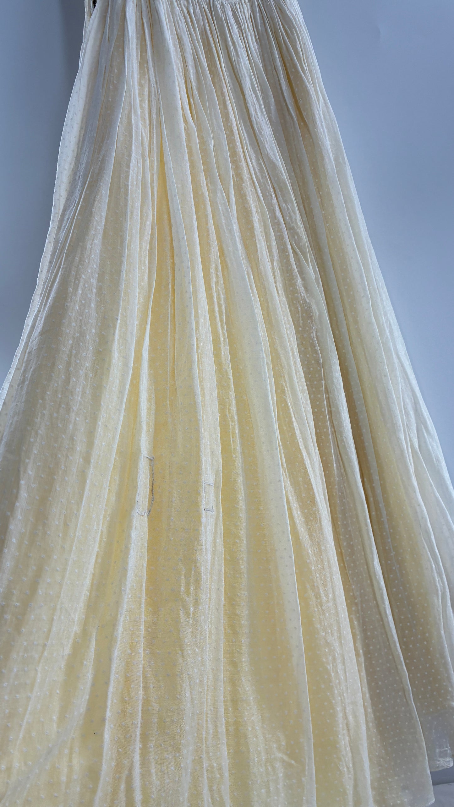 Vintage 1970s Off White Cotton Handmade Maxi Dress with Ruched Bodice, Puff Sleeves, and Polka Dot Texture (XS/S)