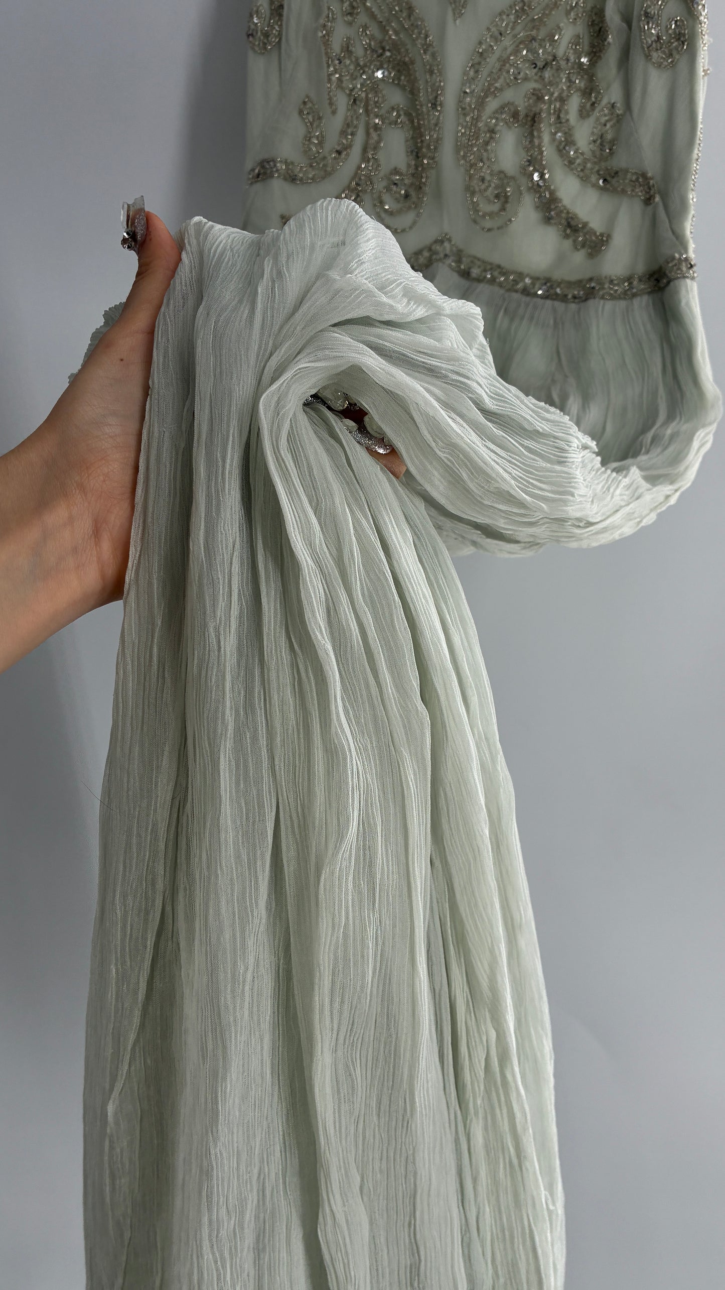 KIMCHI BLUE Light Greyish Seafoam Green Crimped Gown with Beaded Bodice and Sheer Back (2)