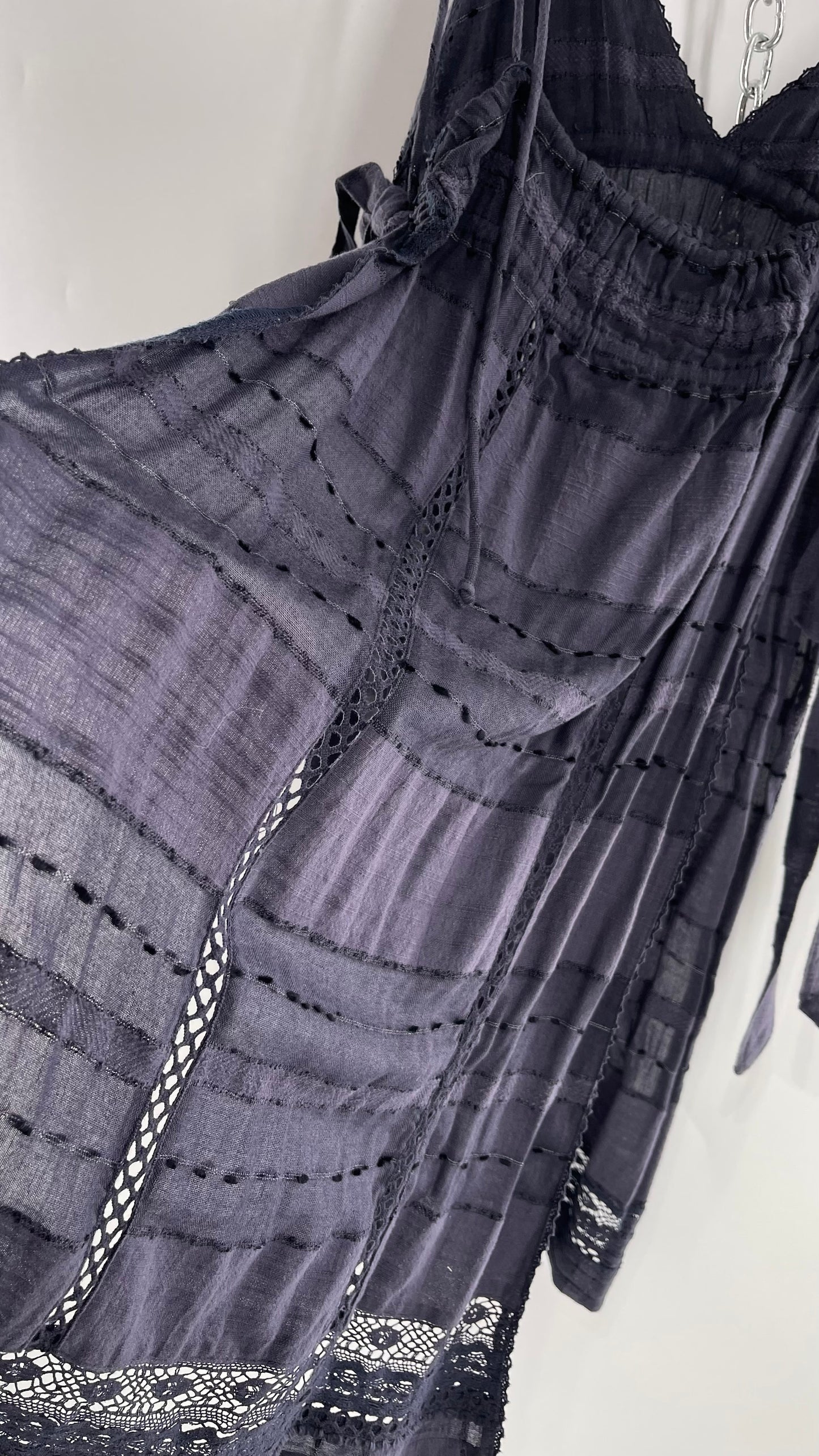 Free People Navy Blue Cotton Lace and Embroidered Open Tie Side Dress (M)