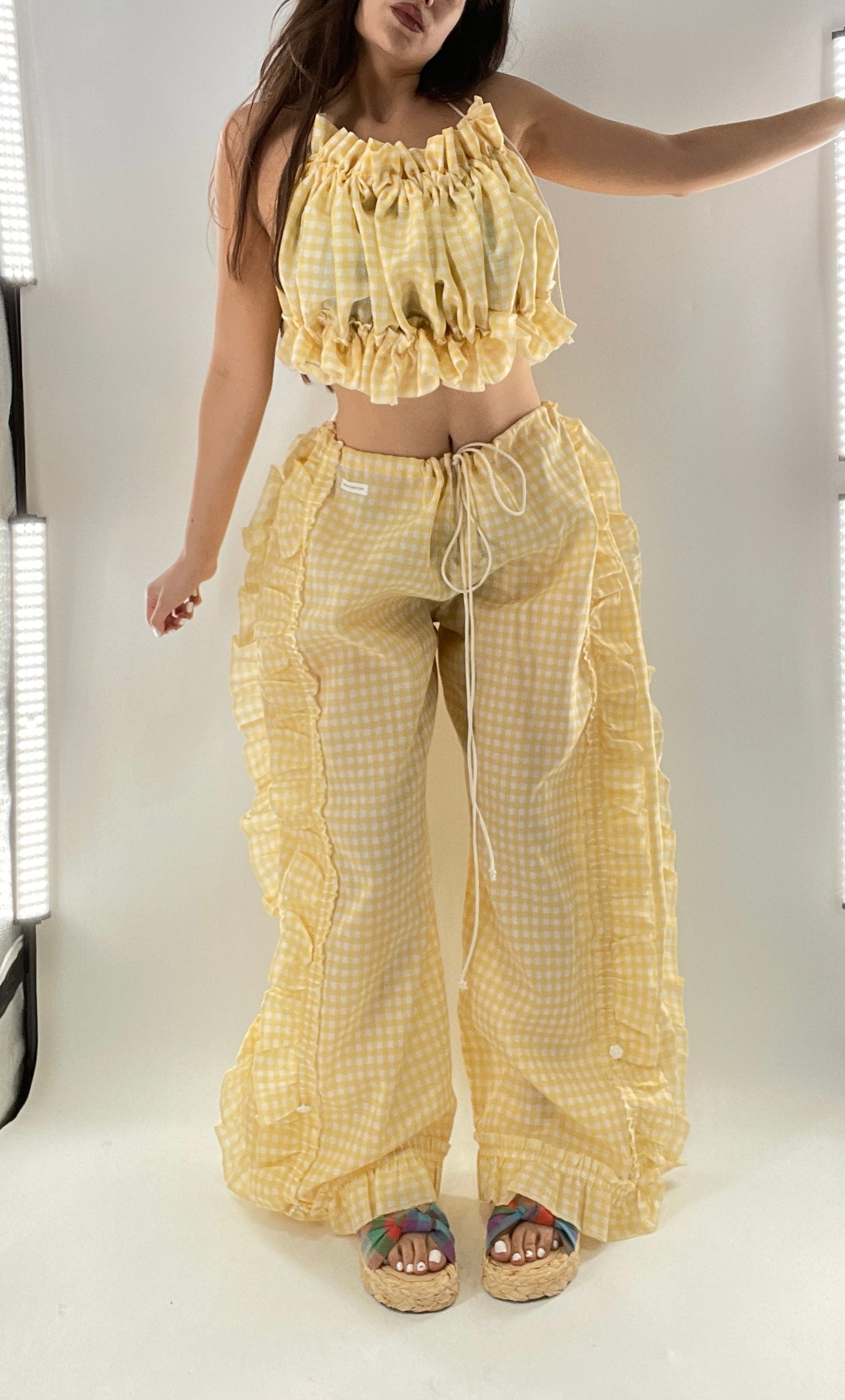 Vintage 2 Piece Yellow Checkered/Gingham Patterned Picnic Set with Ruched Bust Top and Ruffle Side Wide Legs with Adjustable Length, Strap Up Buttons on Hem (One Size)