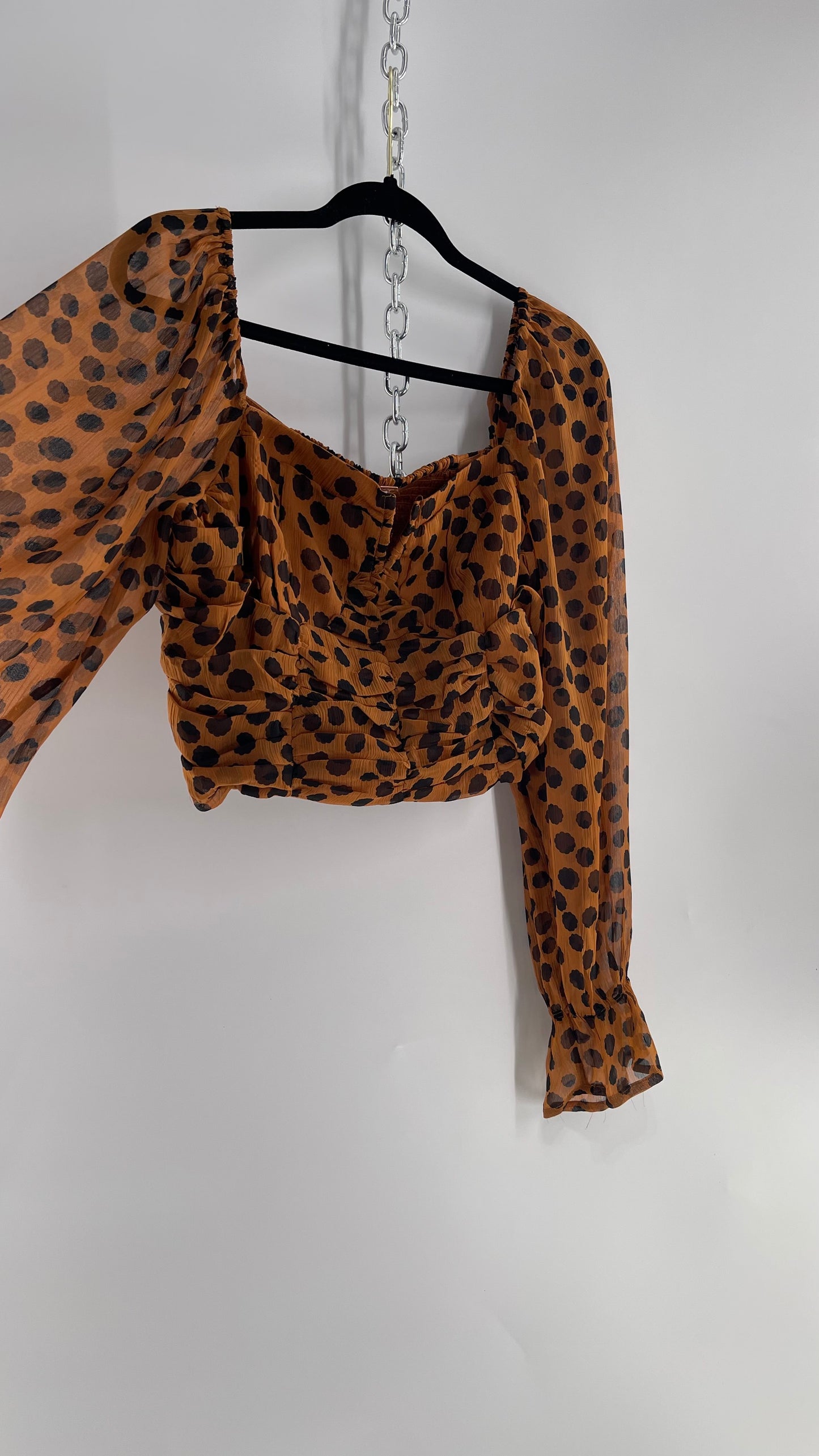 Free People Brown Black Animal Print Blouse with Ruched Bodice and Tags Attached (Large)