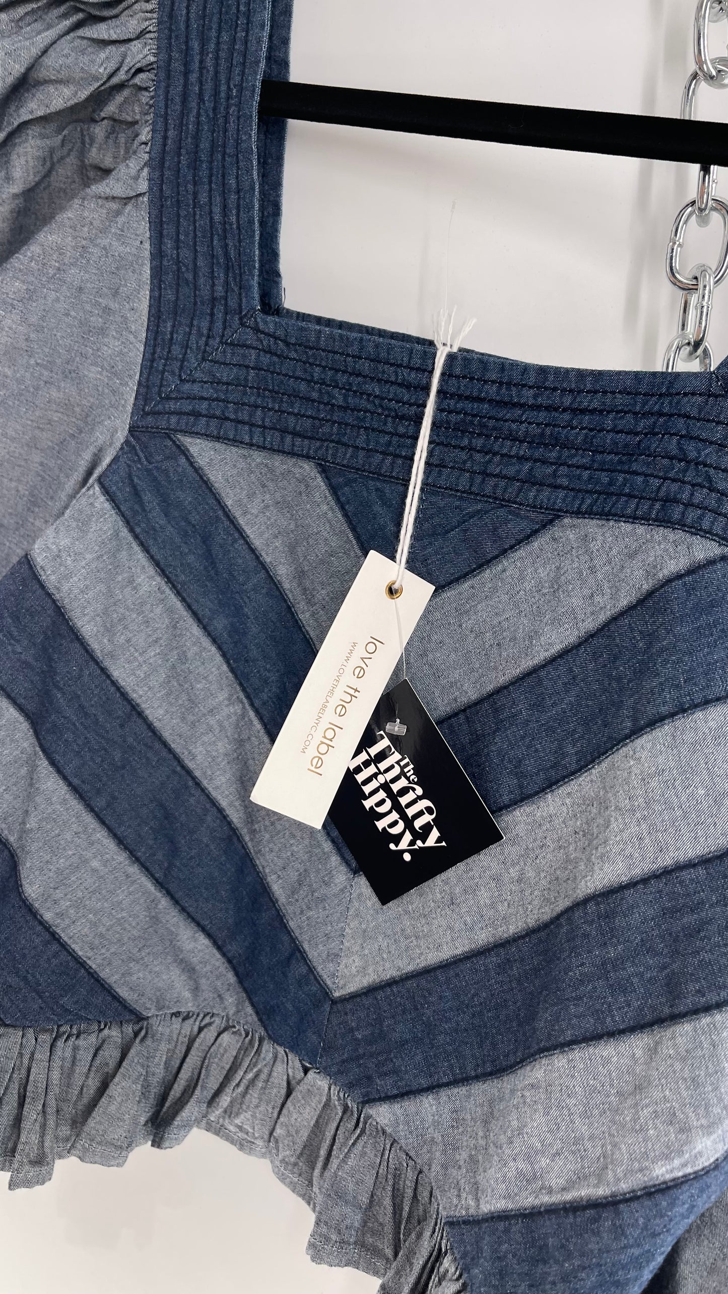 Love the Label ANTHROPOLOGIE Chambray, Chevron, Denim Smocked Blouse with Dramatic Sleeves and Tags Attached (Small)
