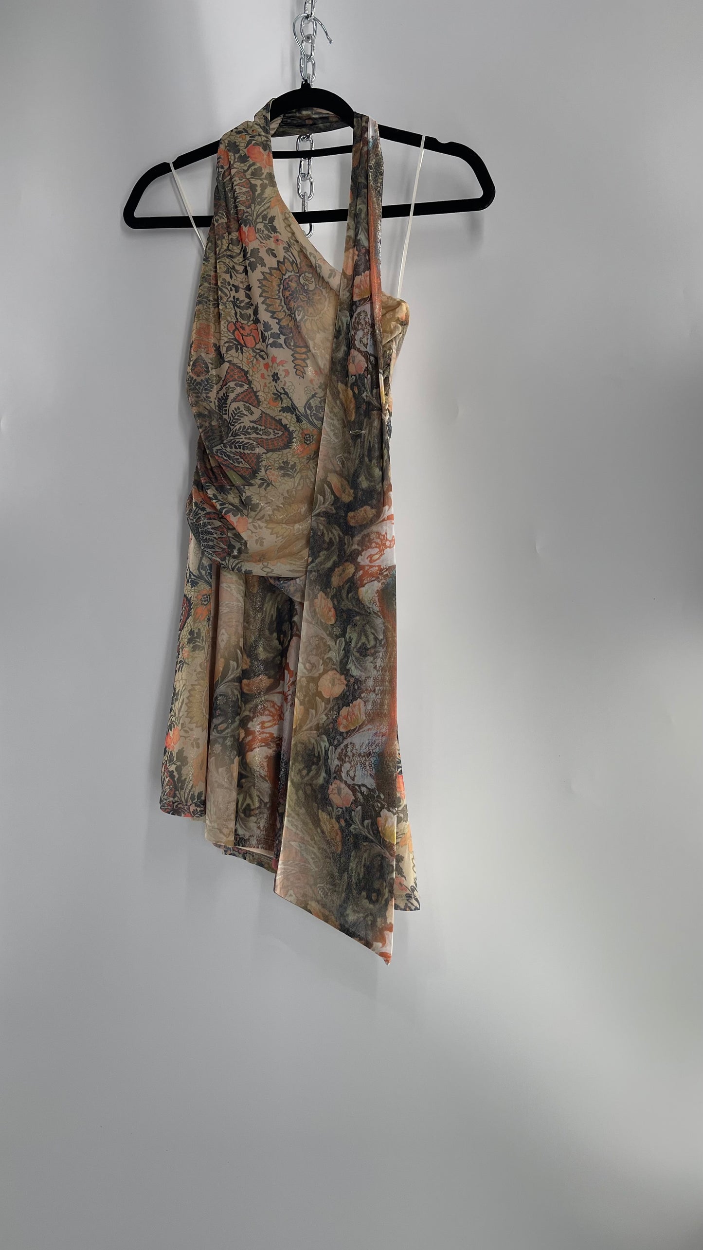 Urban Outfitters All Over 90s Tattoo Graphic Neck Tie Mini Dress with Asymmetric Hem (Medium)
