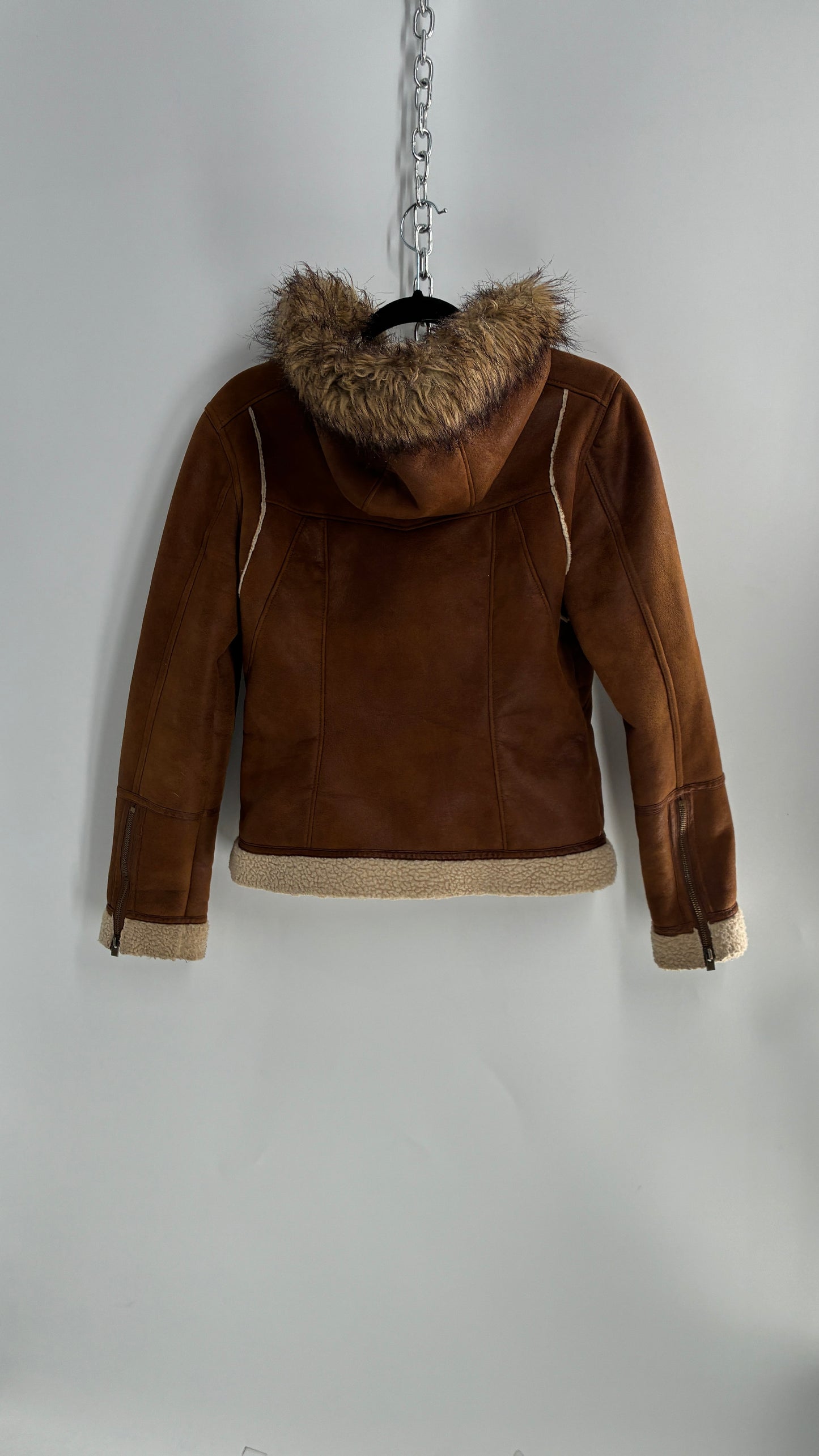 Vintage LEI Vegan Suede Sherpa Jacket with Faux Fur Hood (Small)