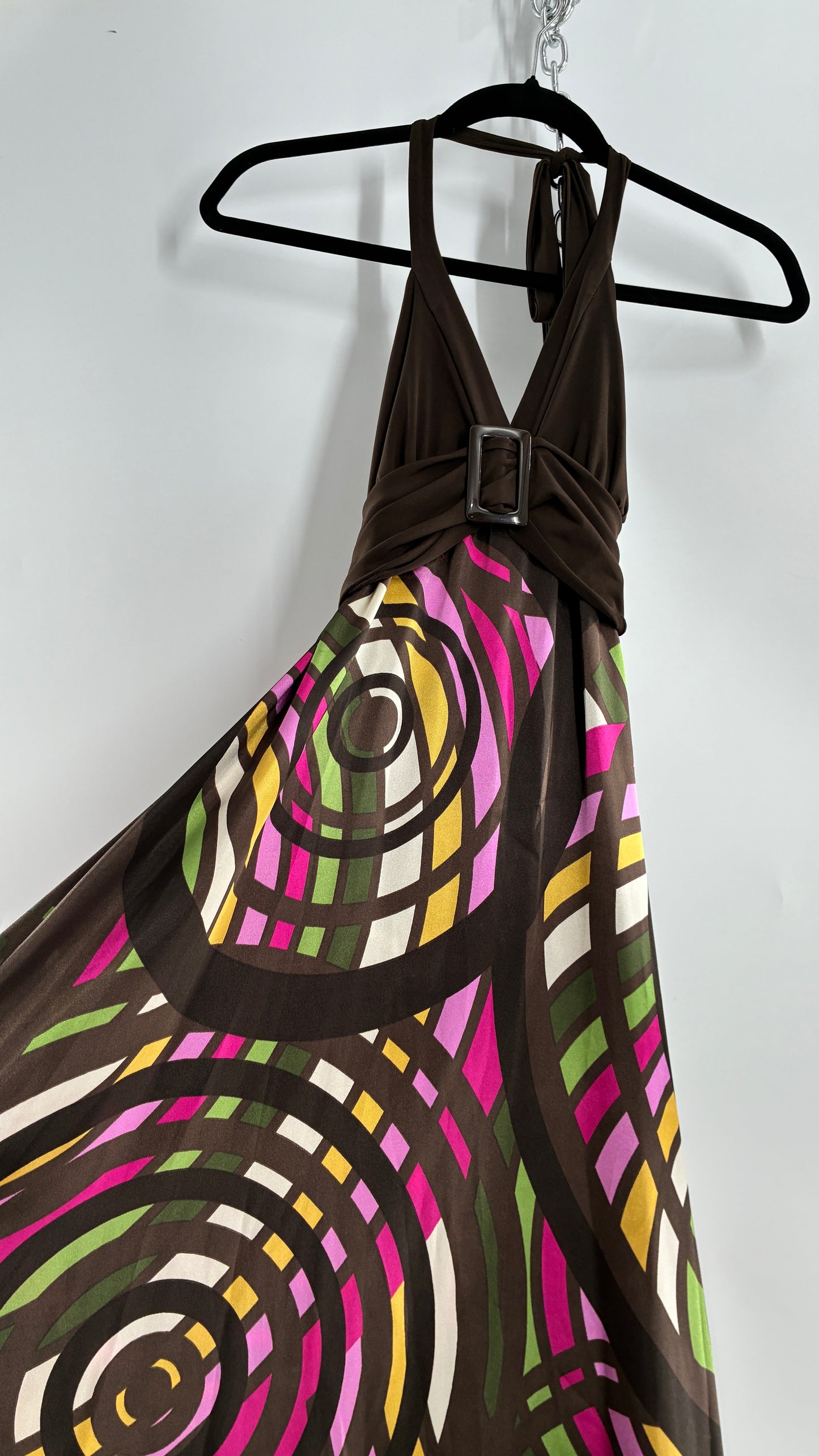 Vintage Candies Brown Patterned Gown with Belted Bust and Halter Neckline (Medium)