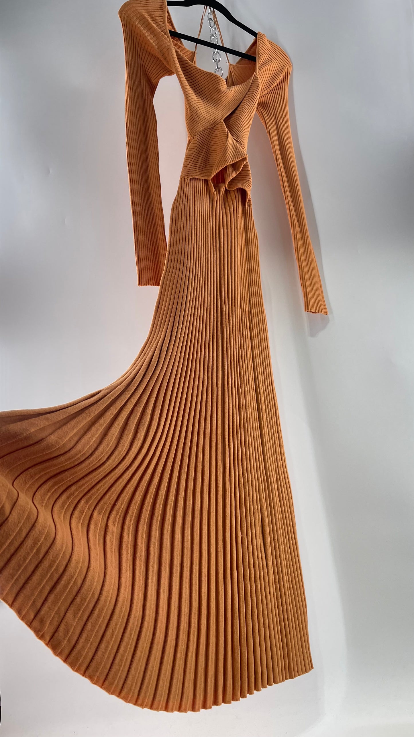 Free People Orange Ribbed Knit Maxi Dress with Cross Over Exposed Midriff Dress (Medium)