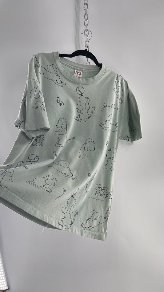 Vintage James Thurber Light Sage Nostalgic Puppy Doodle Comic Sketch T Shirt (XL)