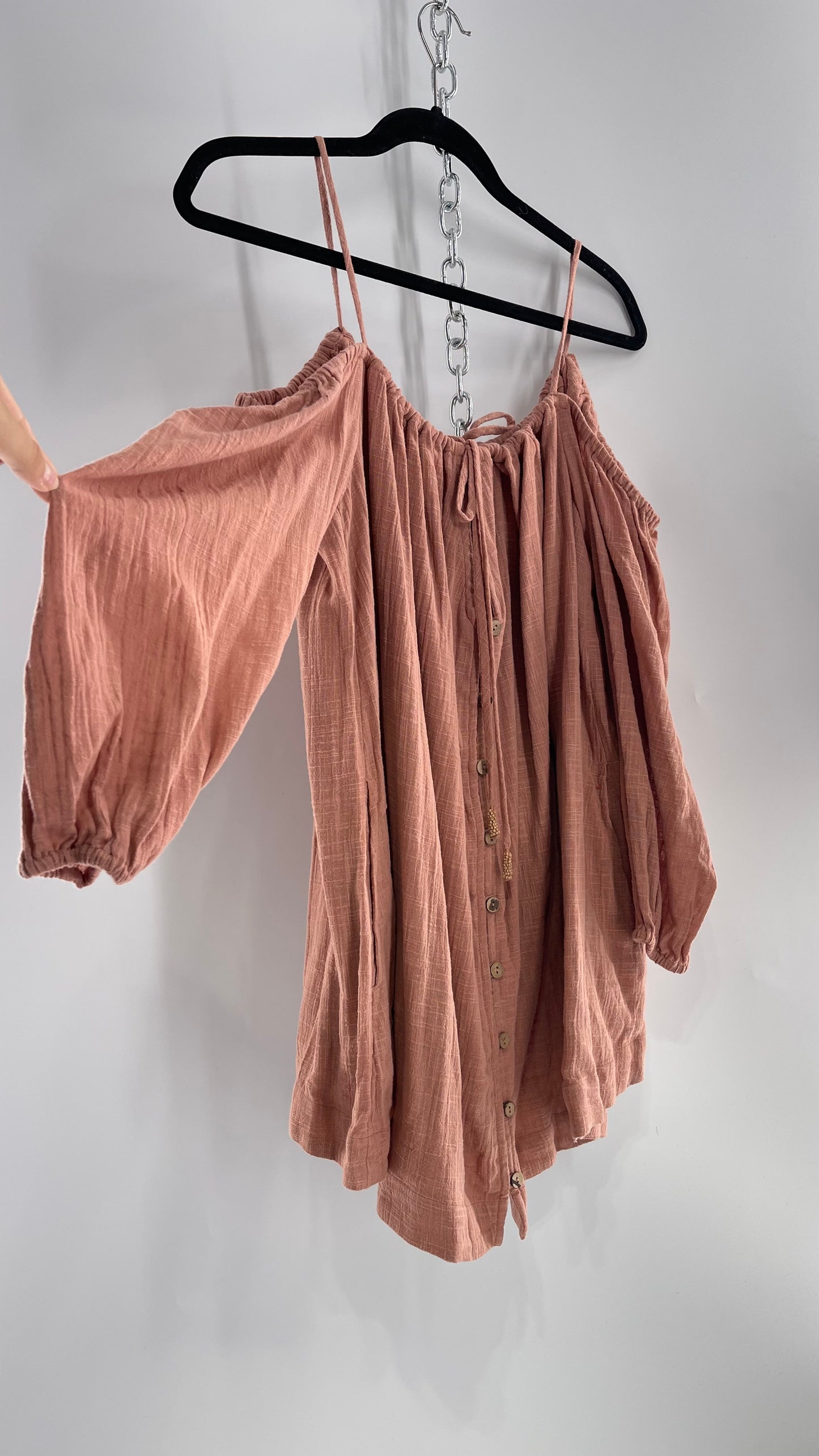 Free People Peachy Pink Coral Off the Shoulder 100% Cotton Voluminous Button Front Blouse (Small)