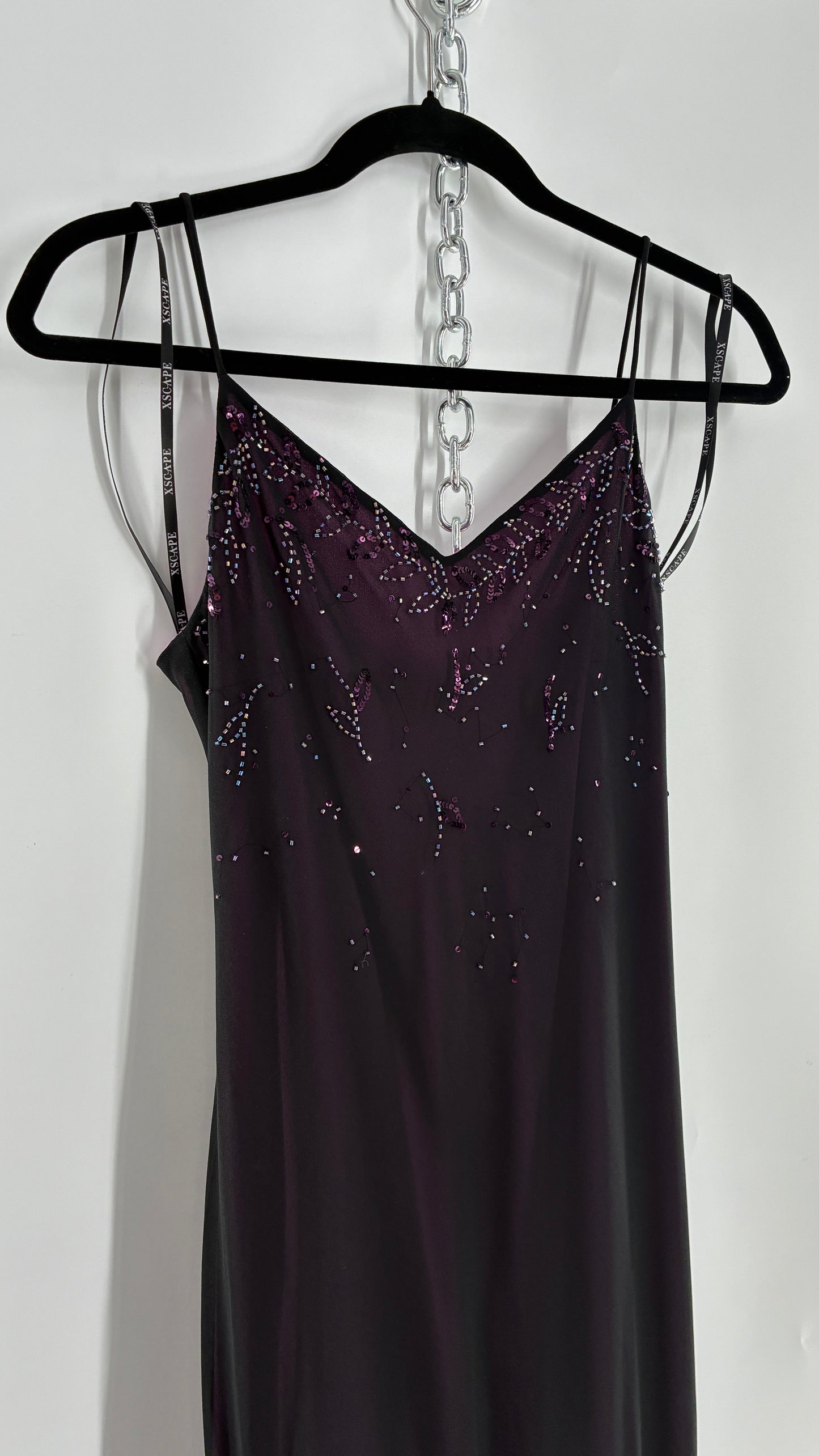 Vintage XSCAPE Full Length Black Beaded Gown with Purple Underlay (4)