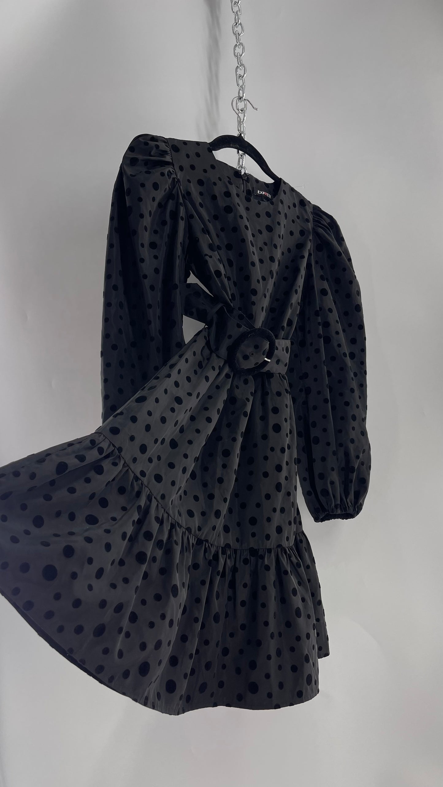 Express Black Taffeta Flare Out Dress with Balloon Sleeves, Velvet Polka Dot Pattern and Round Velour Belt Buckle (XS)