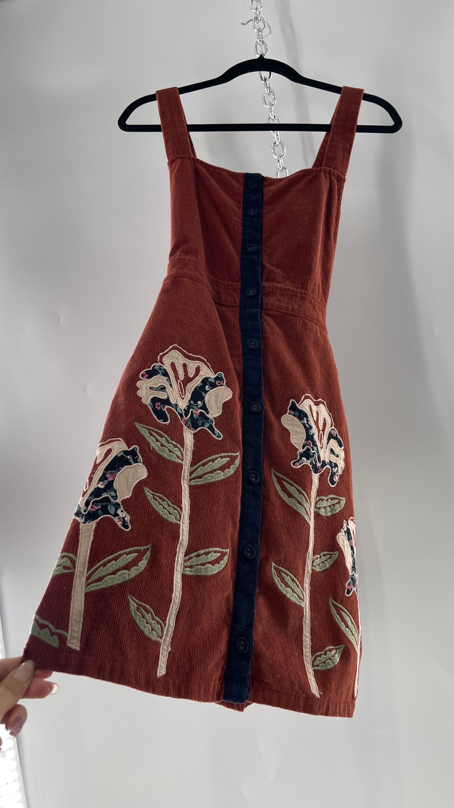 Seen. Worn. Kept. Anthropologie Terracotta Burnt Orange Corduroy Overall Dress with Embroidered Flower Details (S)