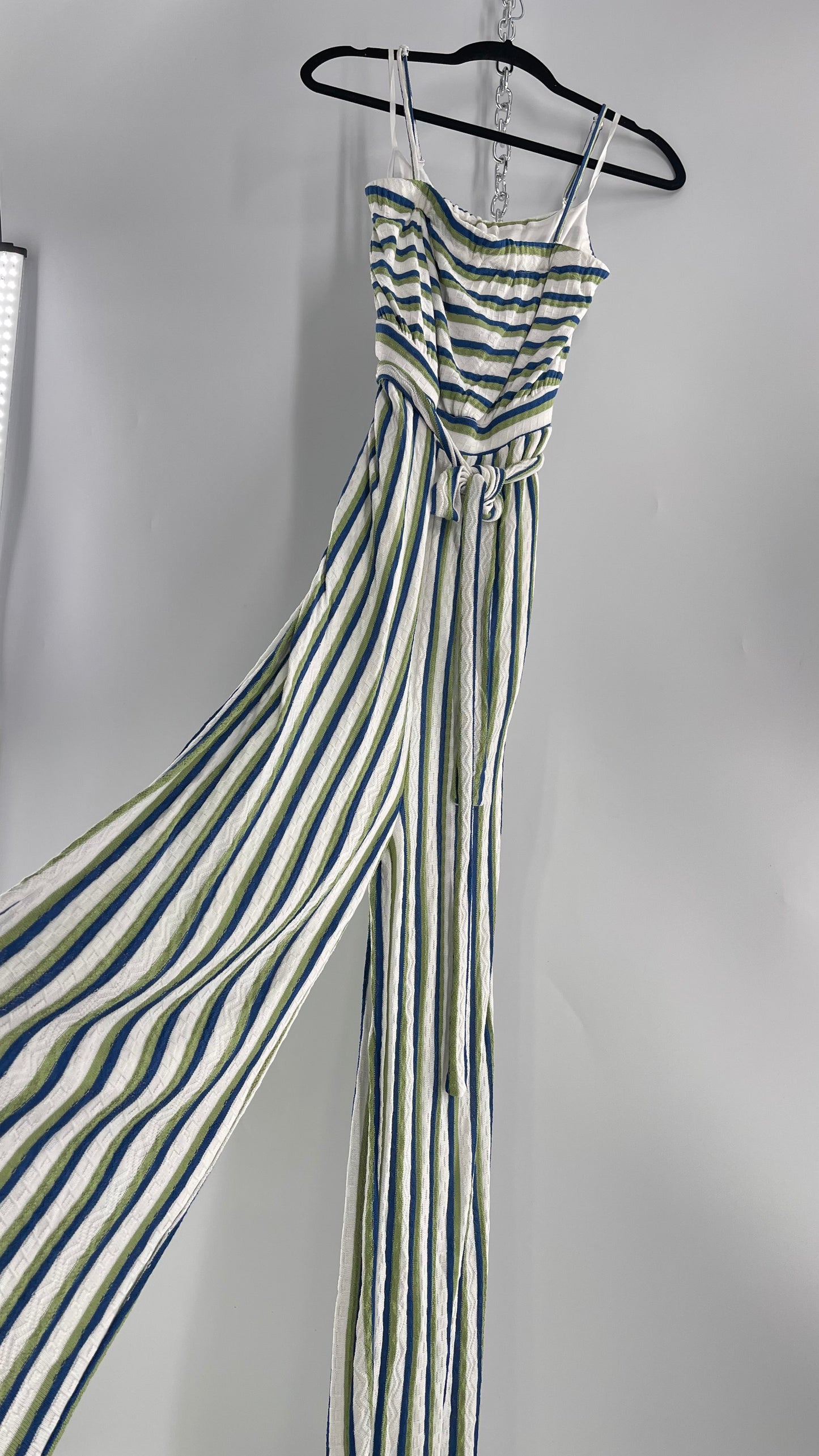 Maeve Anthropologie Woven Green/Blue/White Wide Leg Jumpsuit (Small)