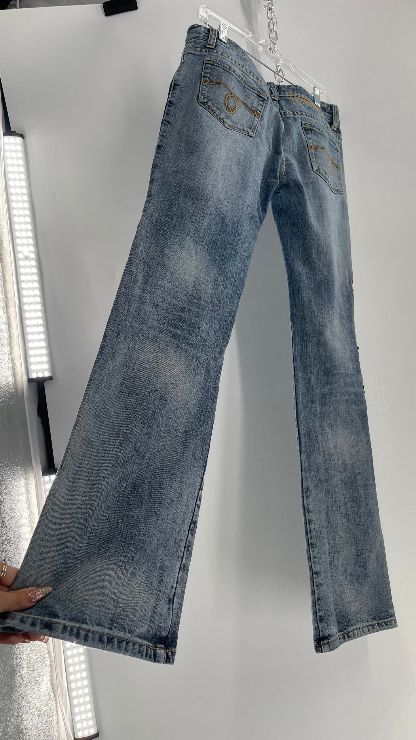 Western Denim Bank Light Wash Straight Legs with Gold/Bronze Metal Studs and Jewels (29)
