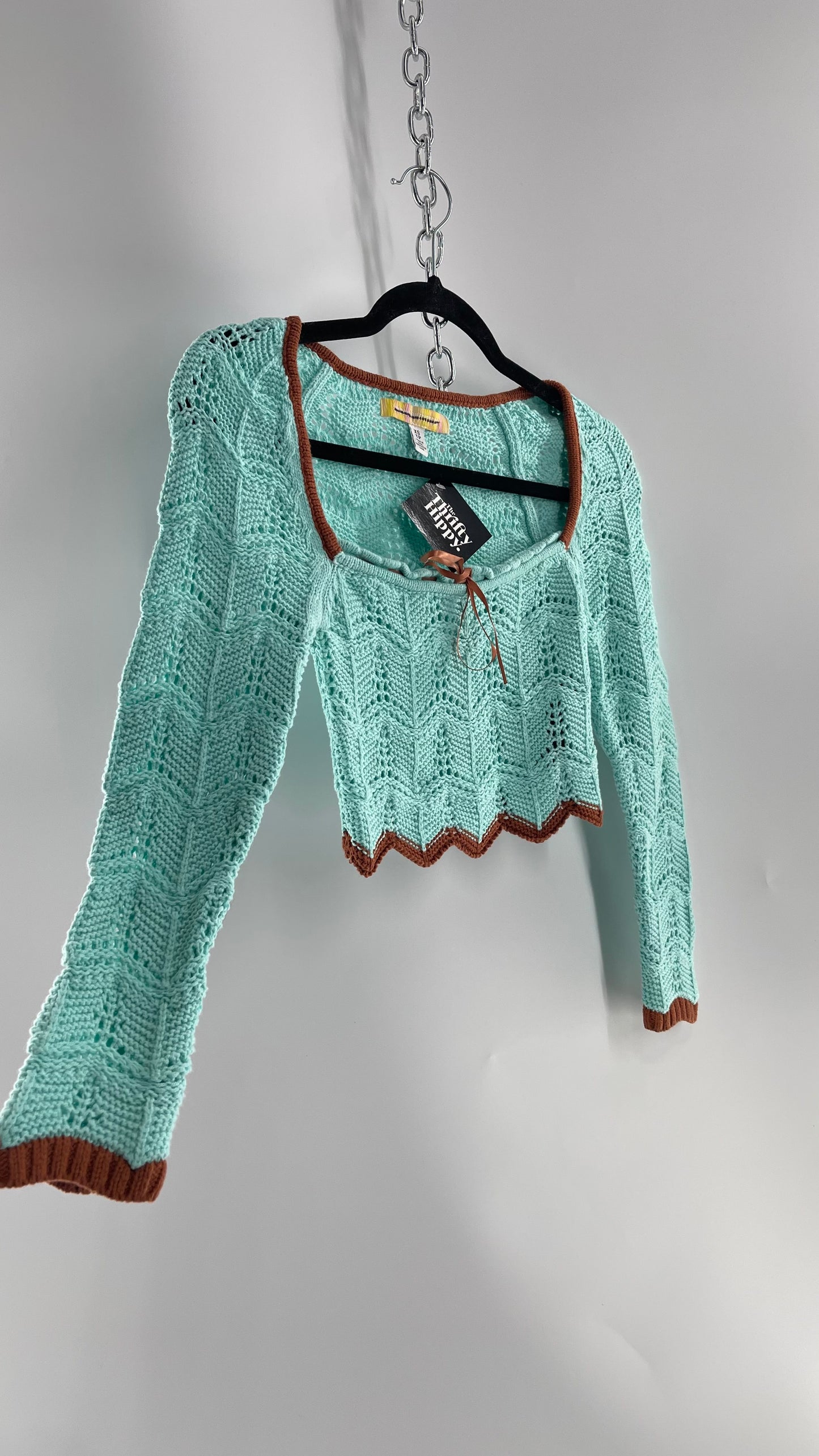 Urban Outfitters Baby Blue Cropped Knit Top with Brown Piping and Ribbon Neckline (XS)