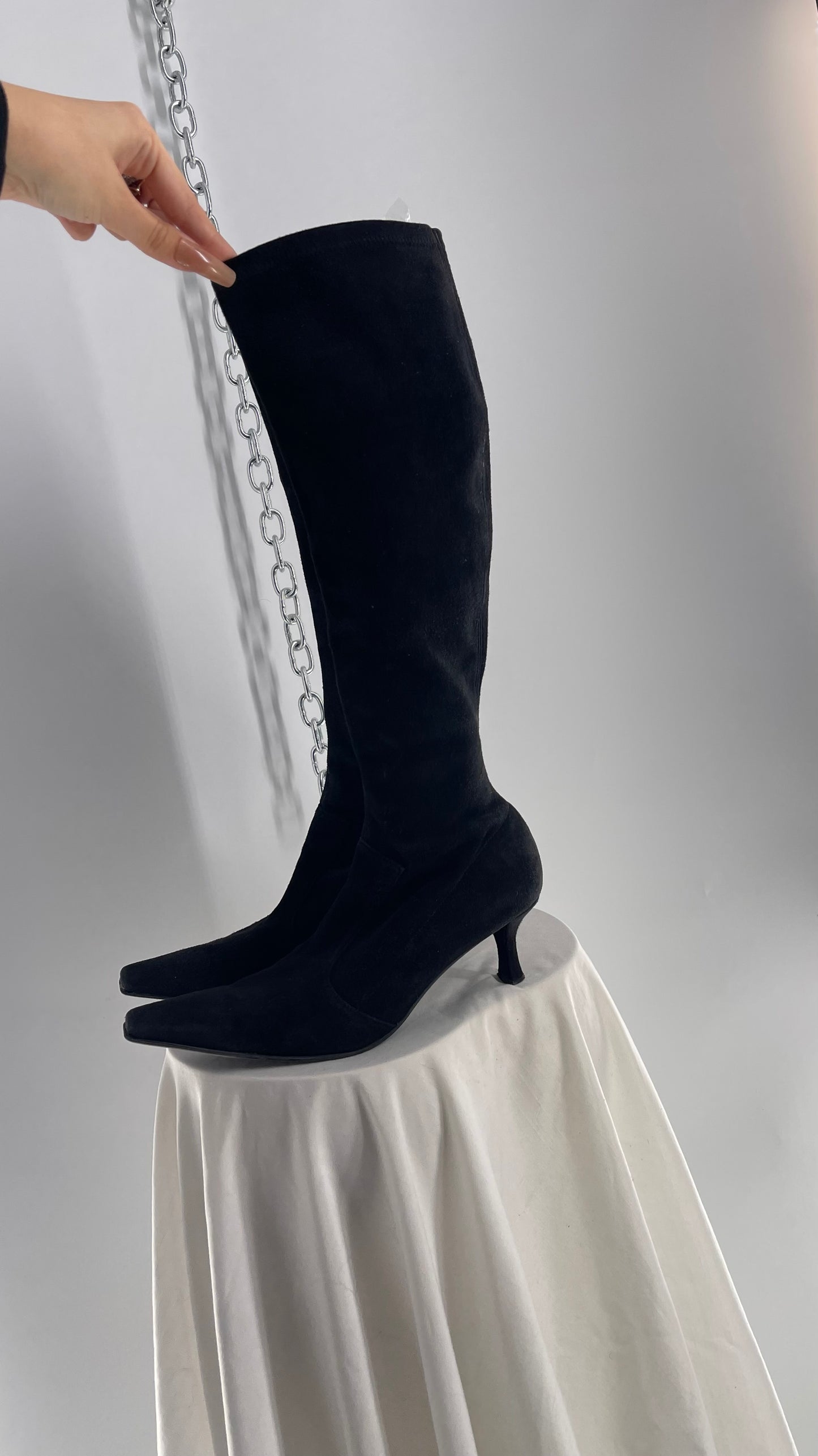 Vintage 1990s Stuart Weitzman Black Suede Leather Kitten Heel Pointed Toe Knee Highs (8.5)