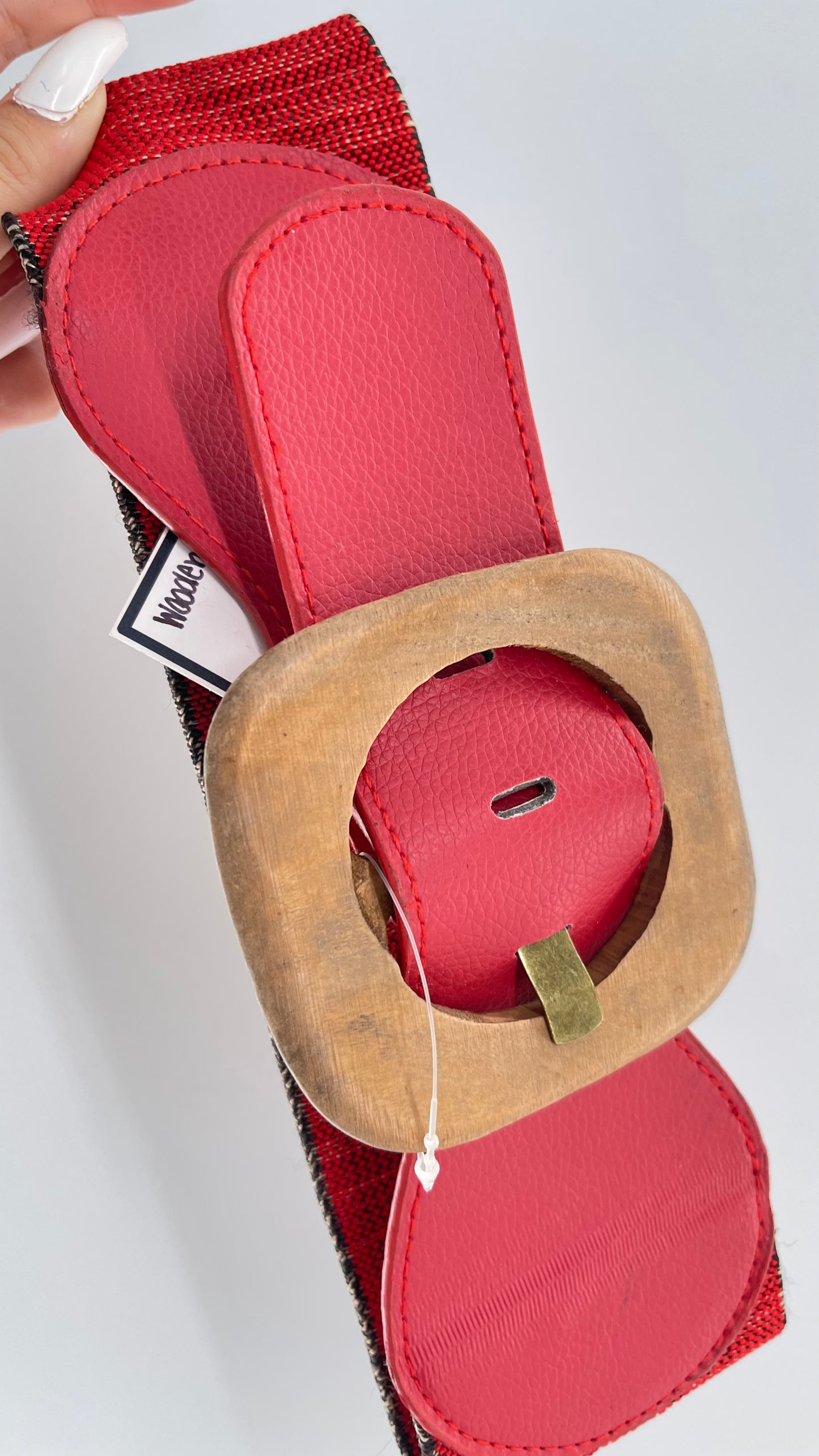 Vintage Red Leather Scrunch/Elastic Wooden Buckle Belt (XS/S)