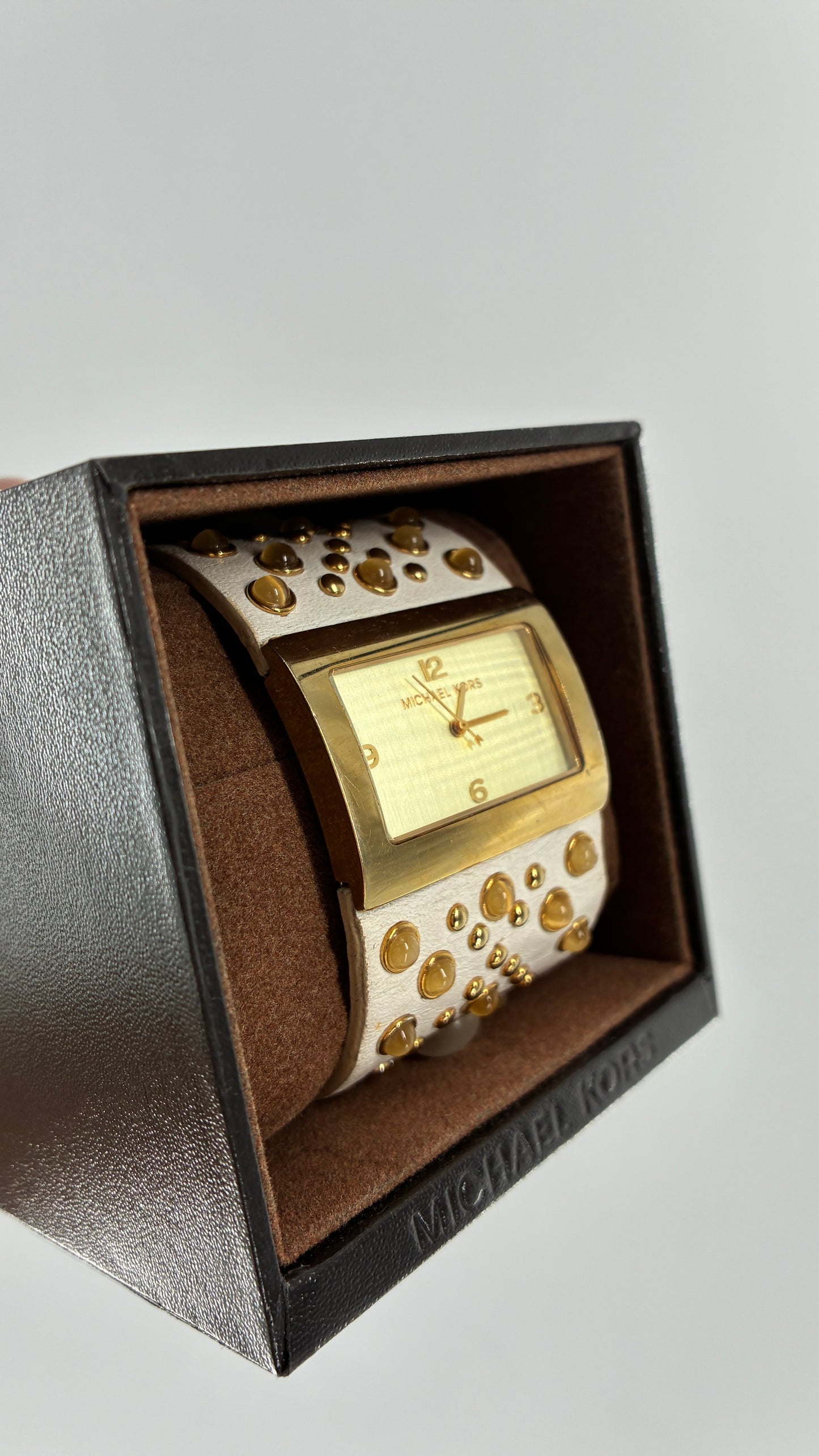 Deadstock Vintage Michael Kors White Leather Studded Cuff Watch