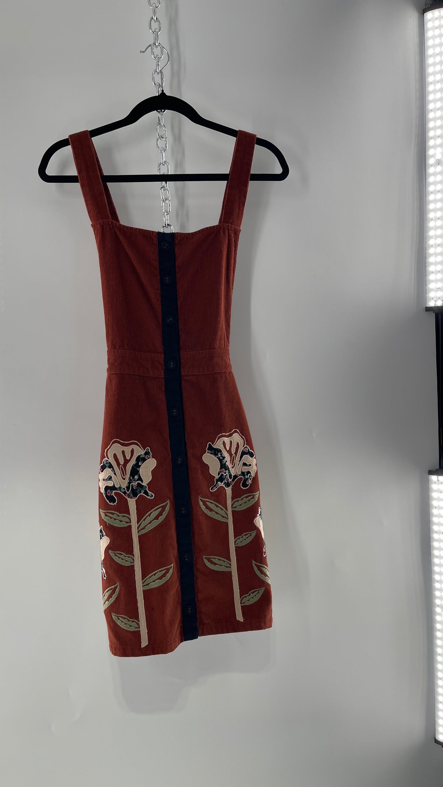 Seen. Worn. Kept. Anthropologie Terracotta Burnt Orange Corduroy Overall Dress with Embroidered Flower Details (S)